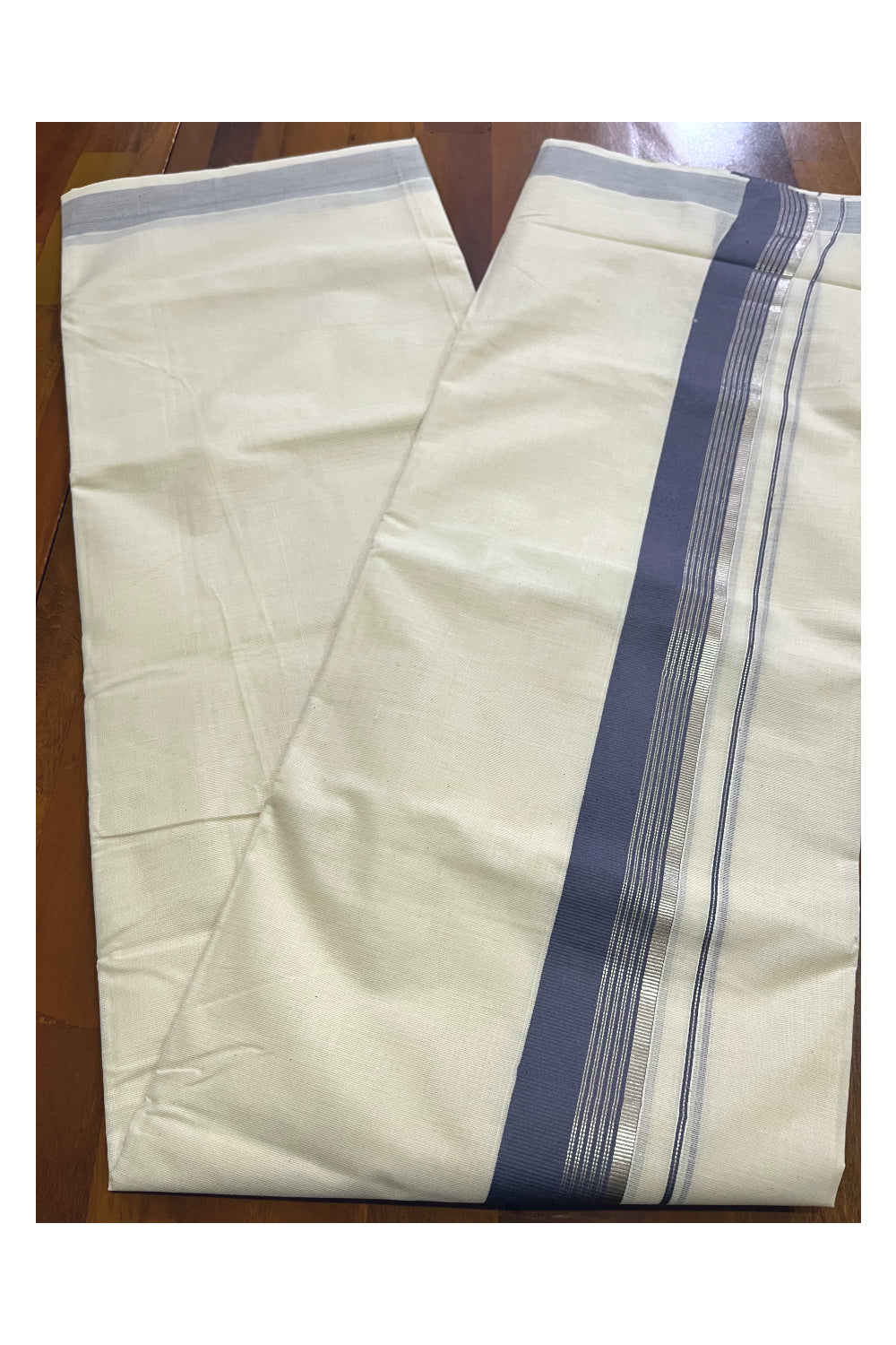 Off White Kerala Cotton Double Mundu with Silver Kasavu and Grey Border (South Indian Kerala Dhoti)