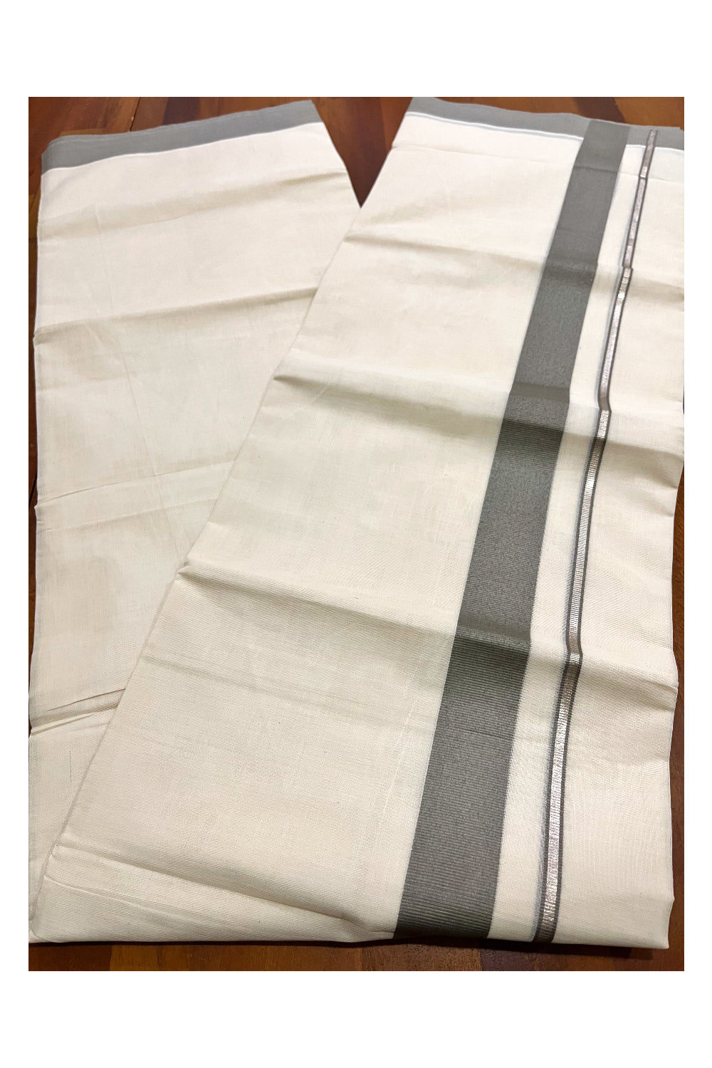 Pure Cotton Double Mundu with Silver Kasavu and Grey Border (South Indian Kerala Dhoti)