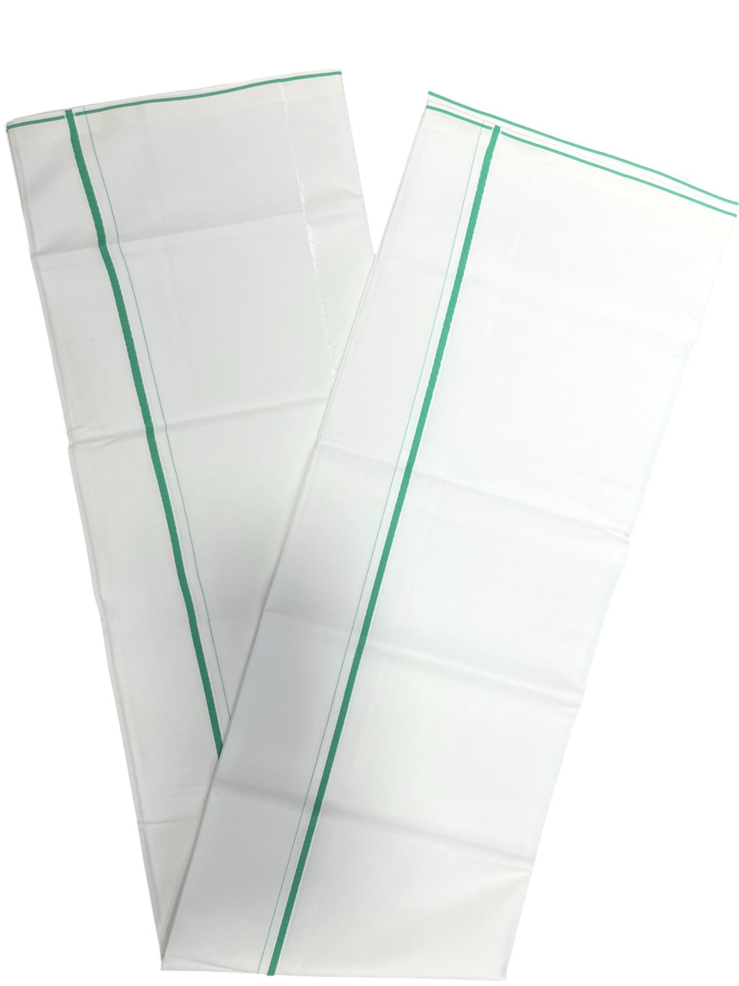 Pure White Cotton Single Mundu with  Green PuliyilaKara (South Indian Dhoti)