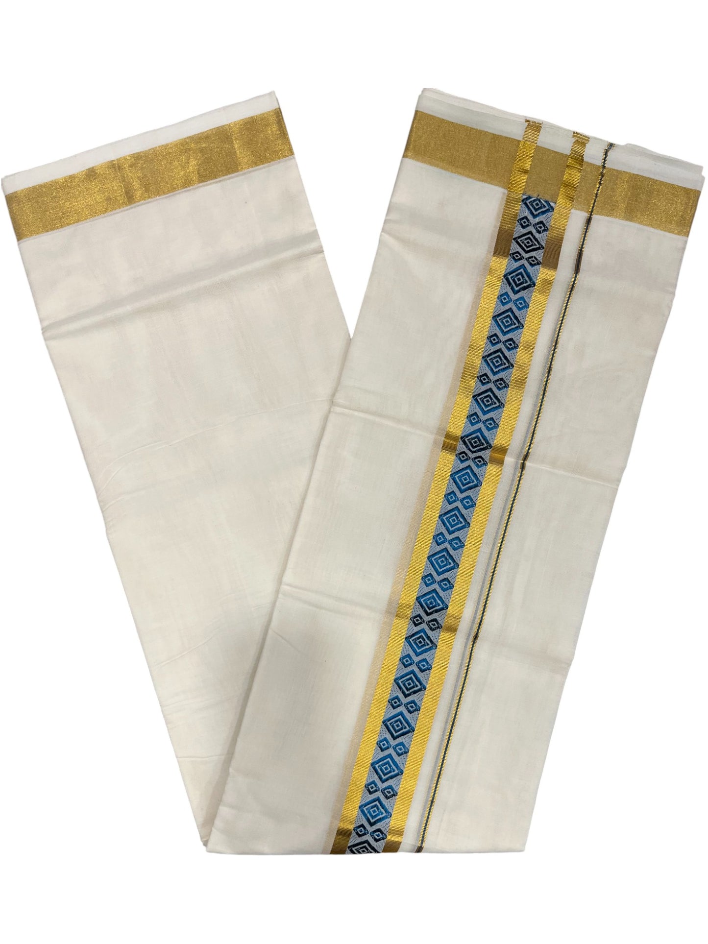 Southloom Premium Handloom Cotton Double Mundu with Gold And Blue Woven Work Kasavu Border