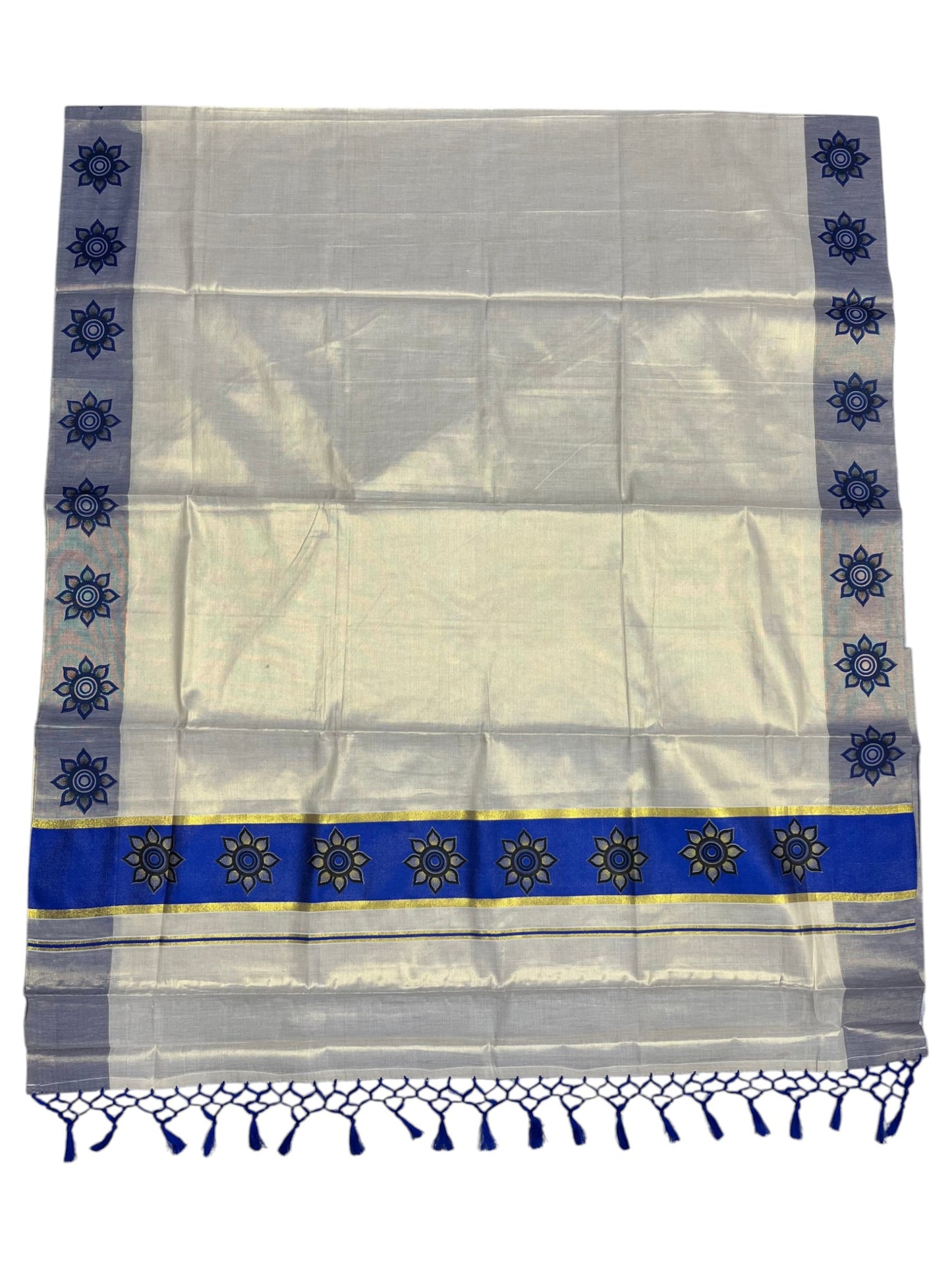 Southloom Kerala Tissue Kasavu Saree with Floral Block Prints in Blue Border
