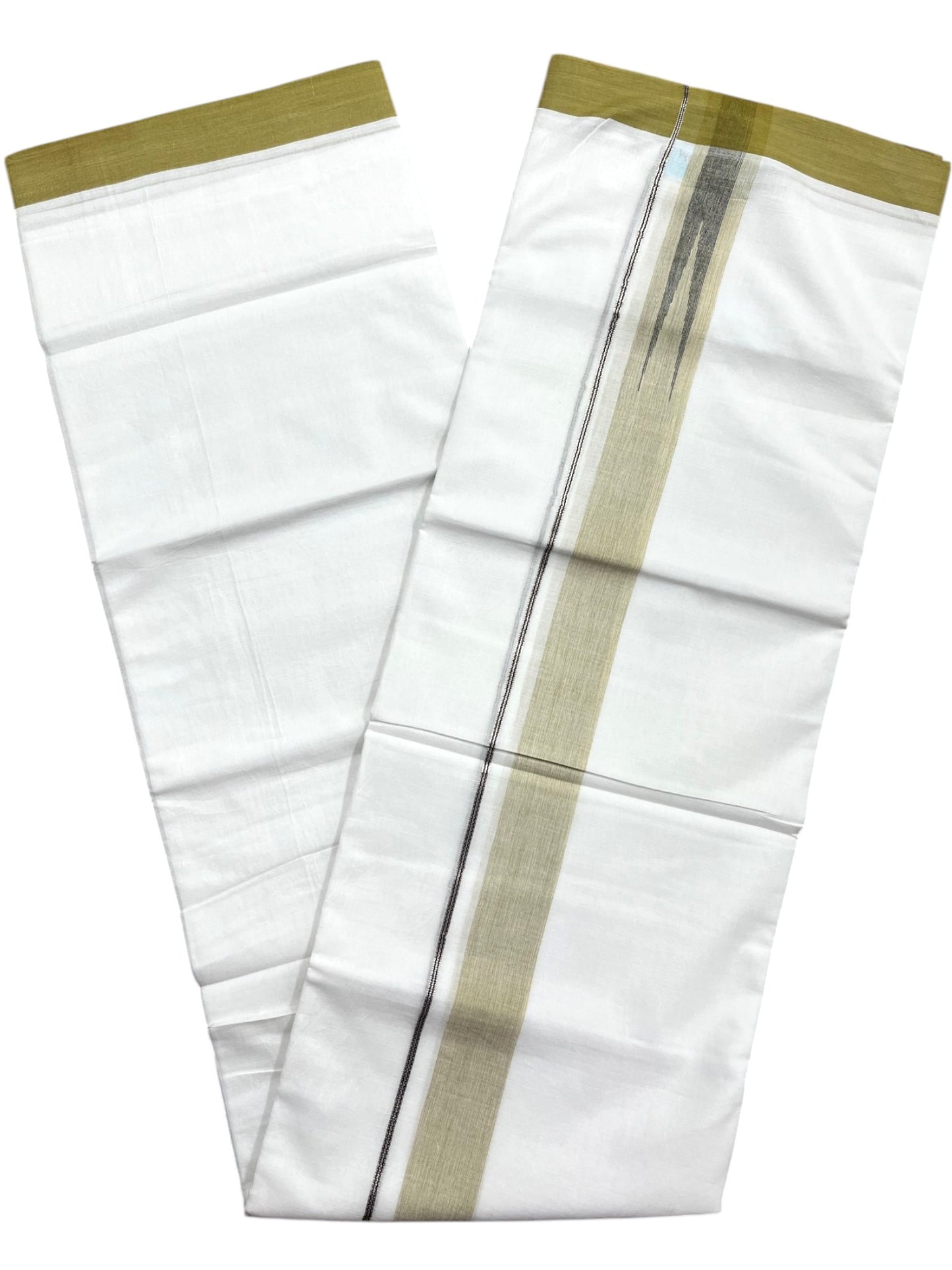Southloom Pure White Cotton Mundu with Olive Green Border (South Indian Kerala Dhoti)