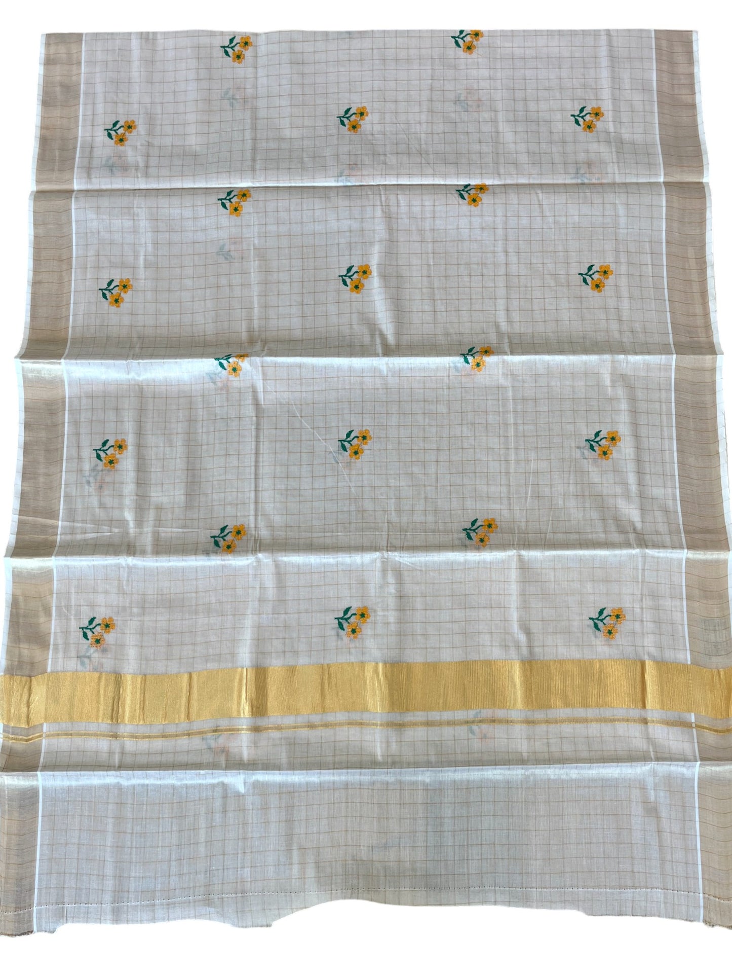 Southloom Kerala Tissue Kasavu Check Saree With Floral Embroidery Work
