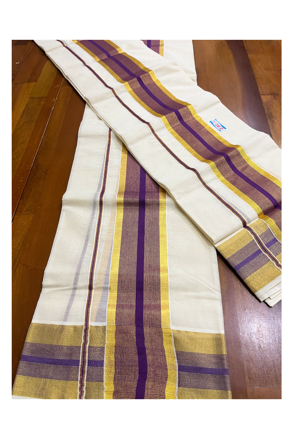 Kerala Cotton Set Mundu (Mundum Neriyathum) with Violet and Kasavu Border 2.80 Mtrs