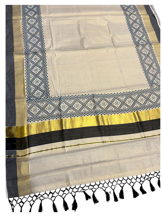 Southloom Kerala Tissue Kasavu Saree Black Hand Printed
