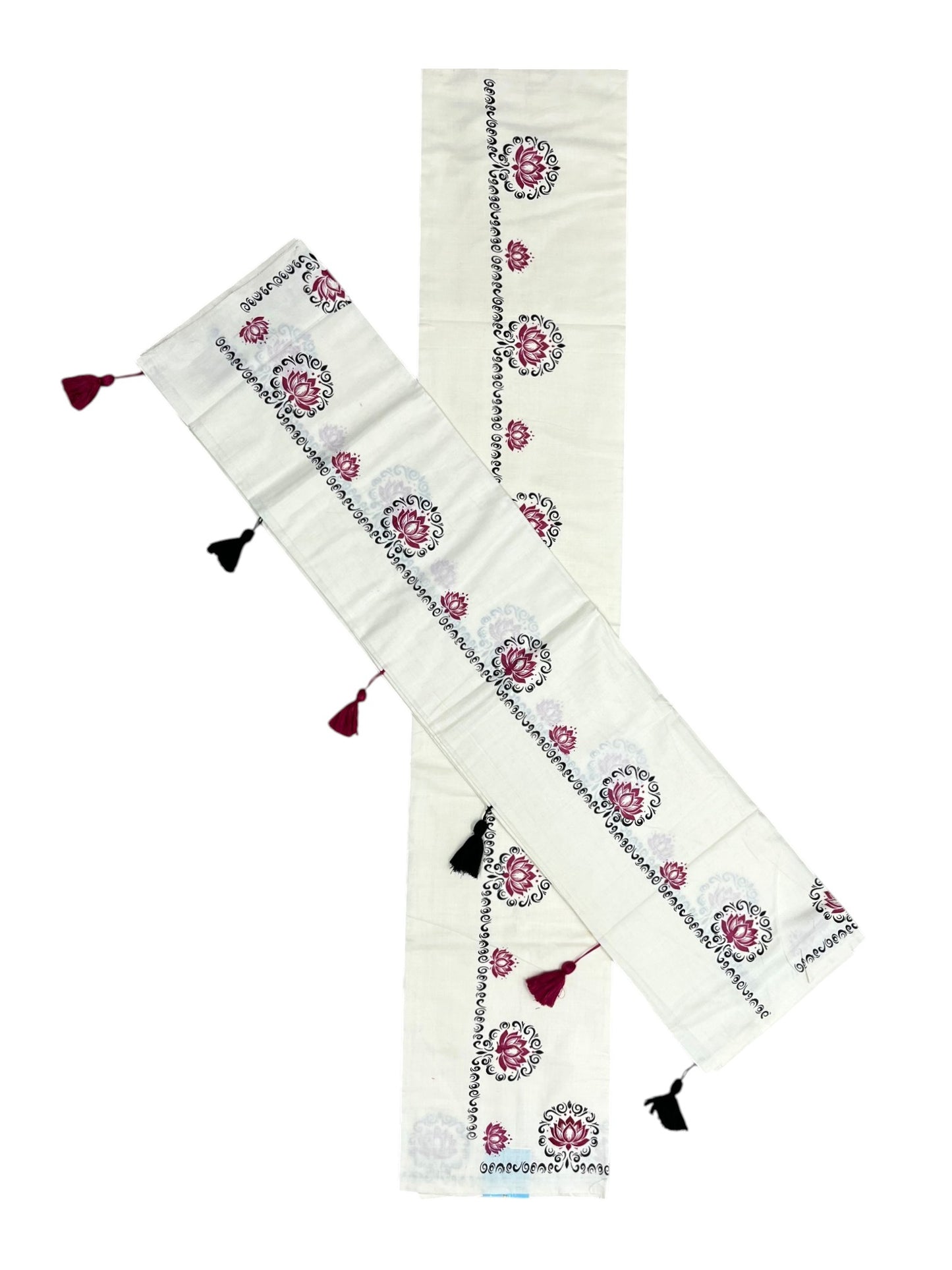 Southloom Kerala Cotton Single Set Mundu (Mundum Neriyathum) with Magenta & Black Lotus Block Printed Design