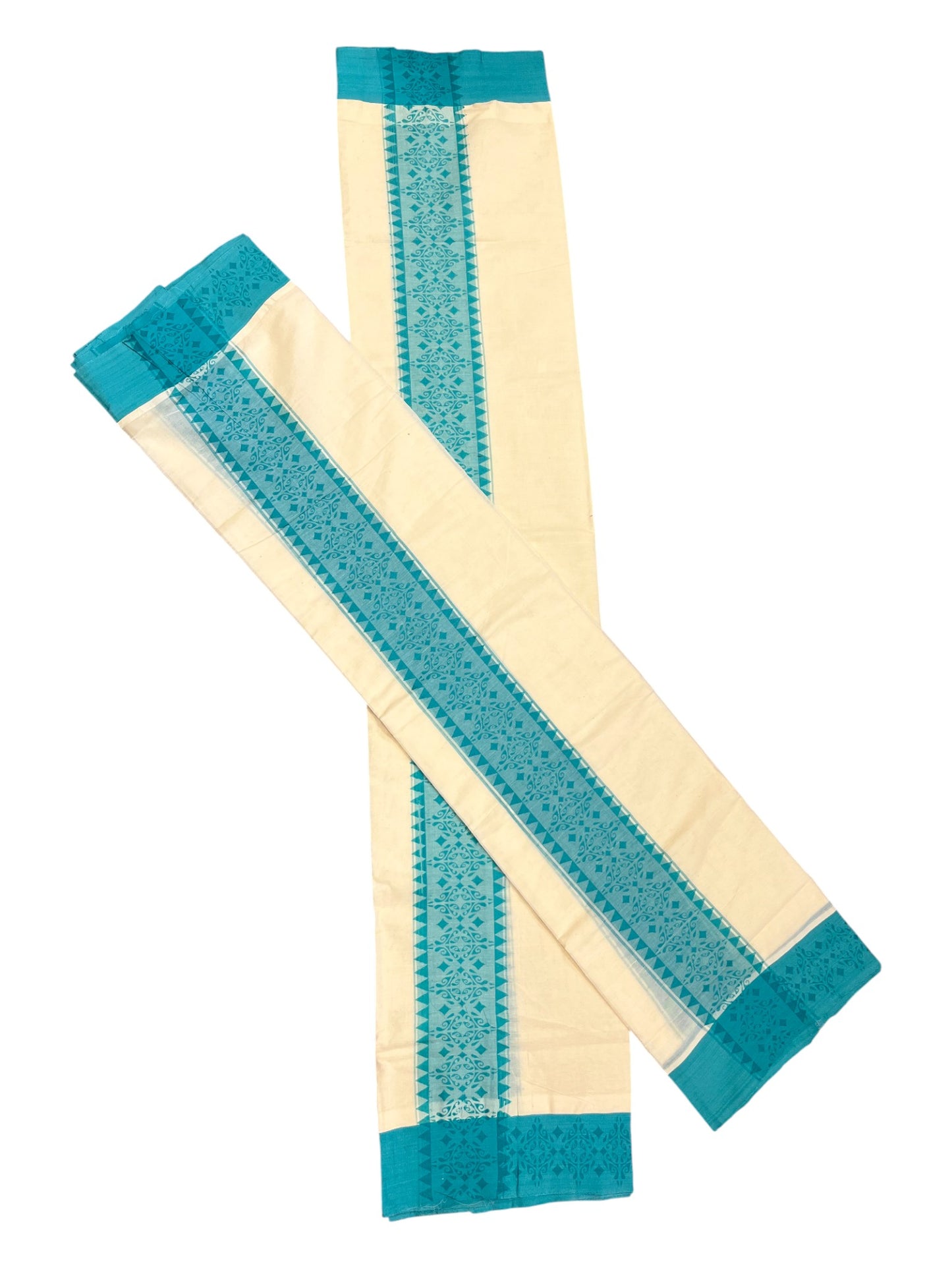 Kerala Cotton Single Set Mundu (Mundum Neriyathum) with Blue Temple Block printed Border 2.80 mtr