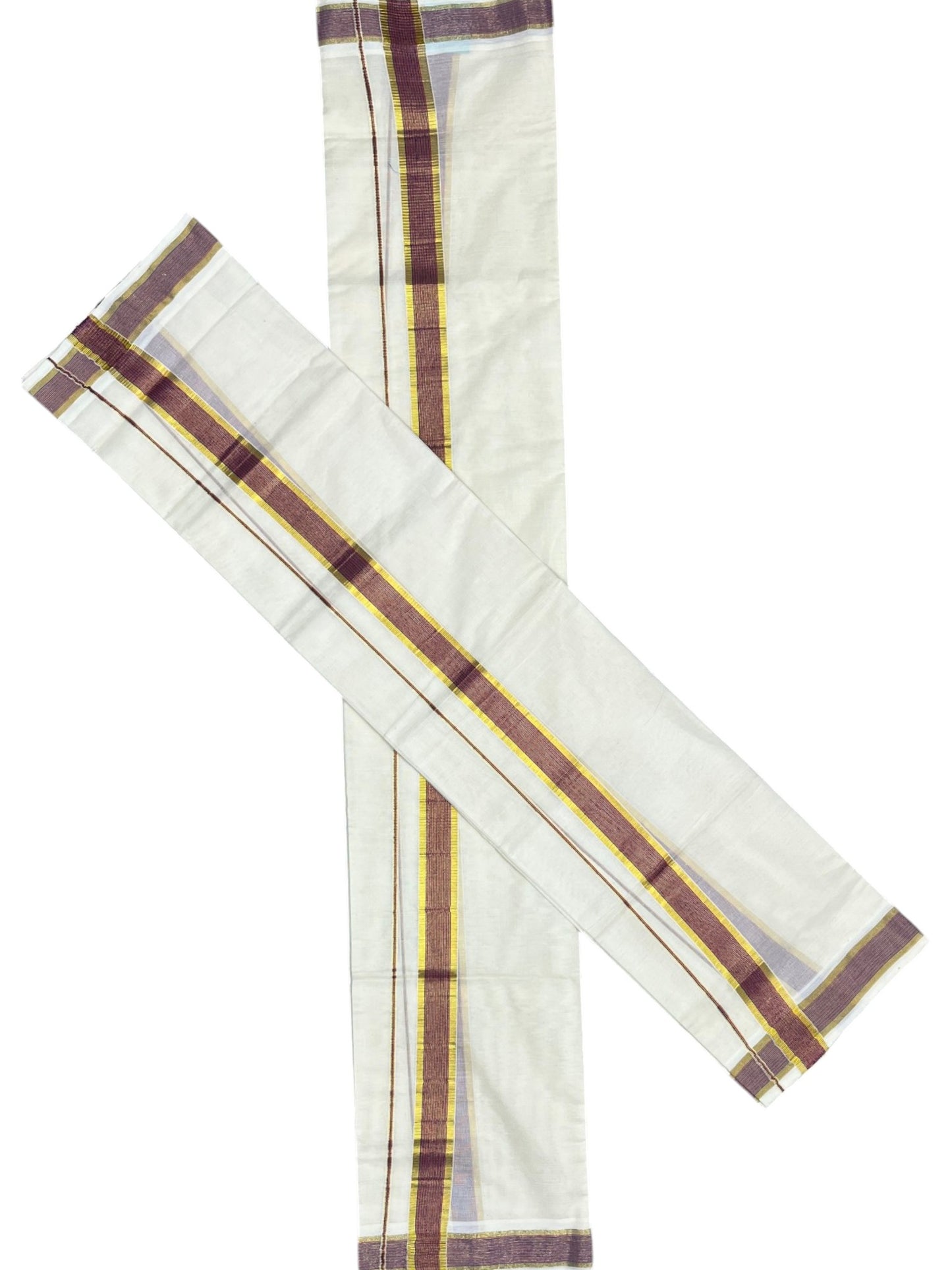Kerala Cotton Set Mundu (Mundum Neriyathum) with Kasavu and Blue & Pink Lines Border 2.80 Mtrs SLKK SL470