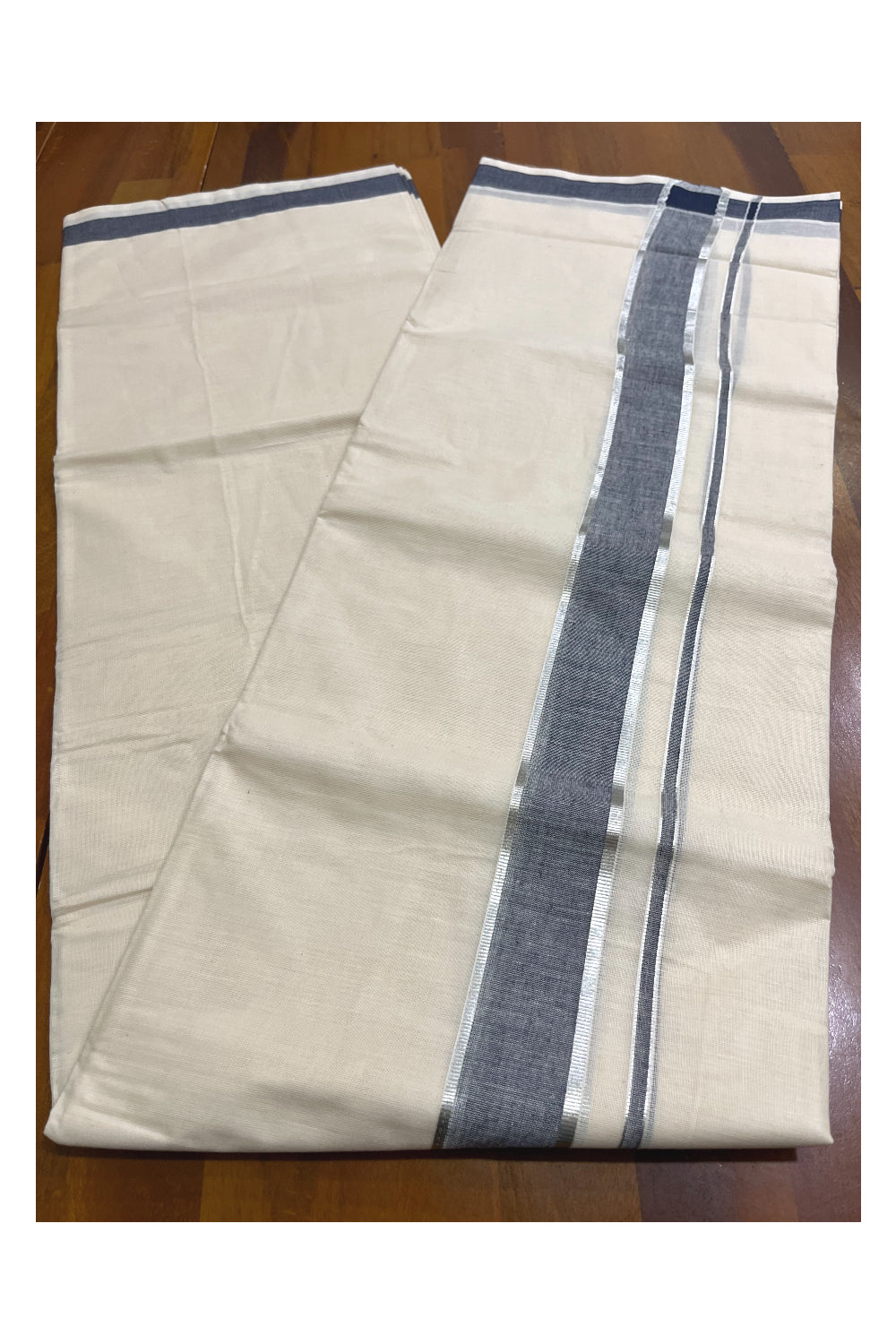 Kerala Pure Cotton Double Mundu with Dark Blue and Silver Kasavu Border (South Indian Kerala Dhoti)