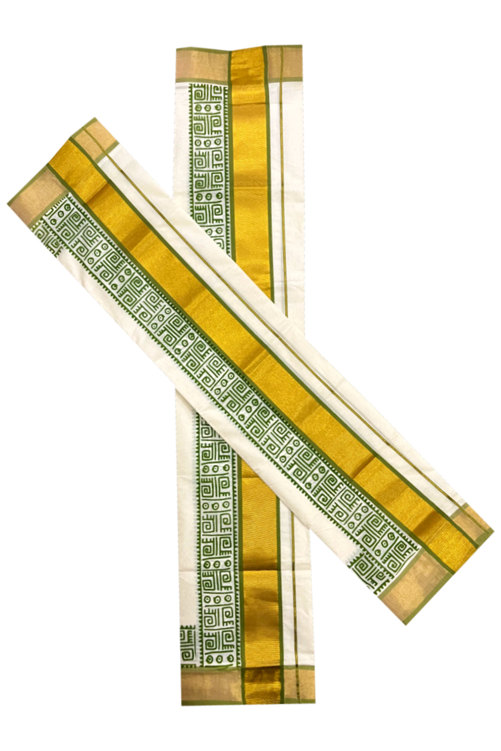 Pure Cotton Kerala Single Set Mundu (Mundum Neriyathum) with Green Block Printed Kasavu Border