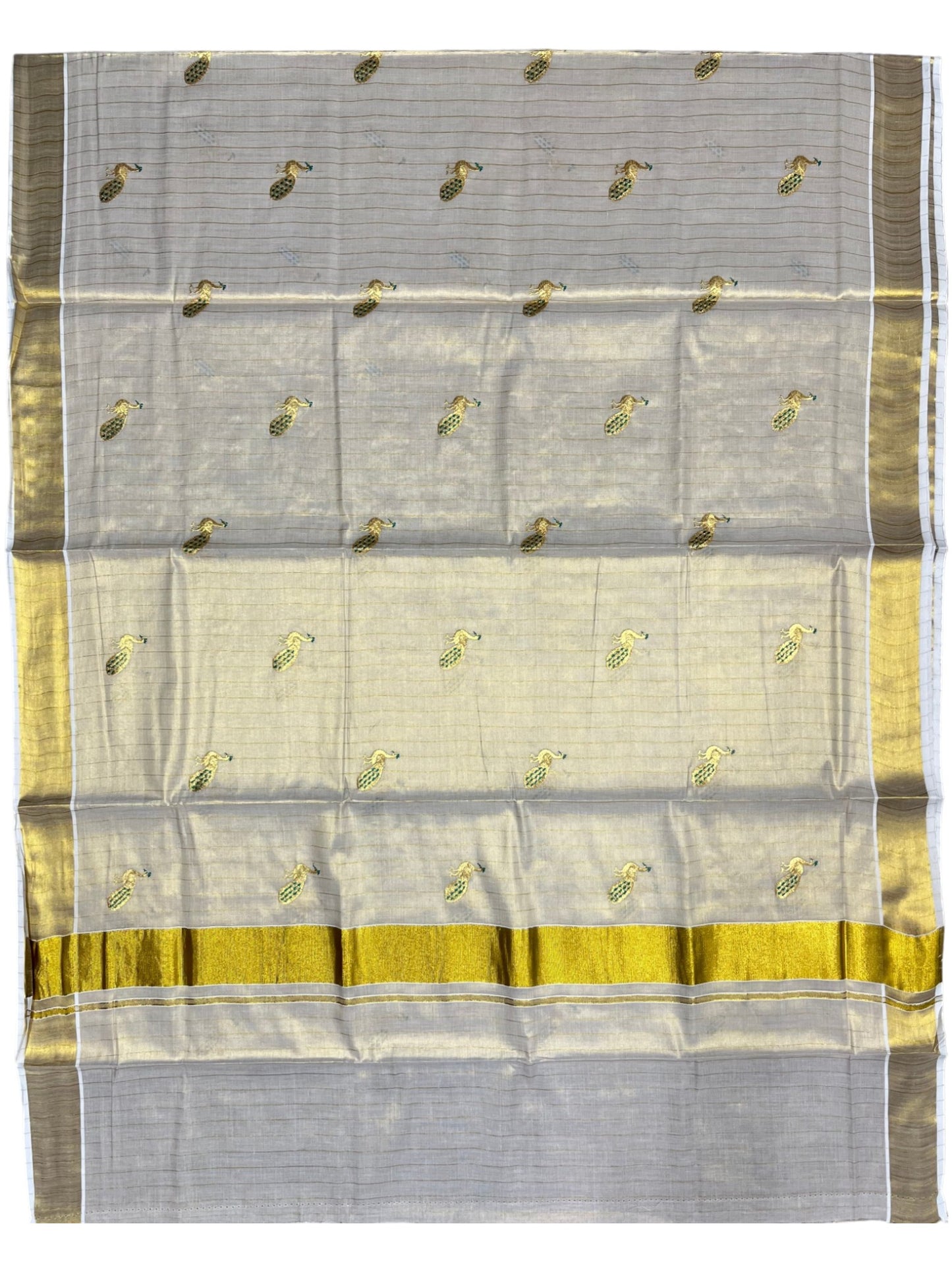 Southloom Tissue Kerala Kasavu Lines Saree with Peacock Embroidery Work on Body in Peacock Green