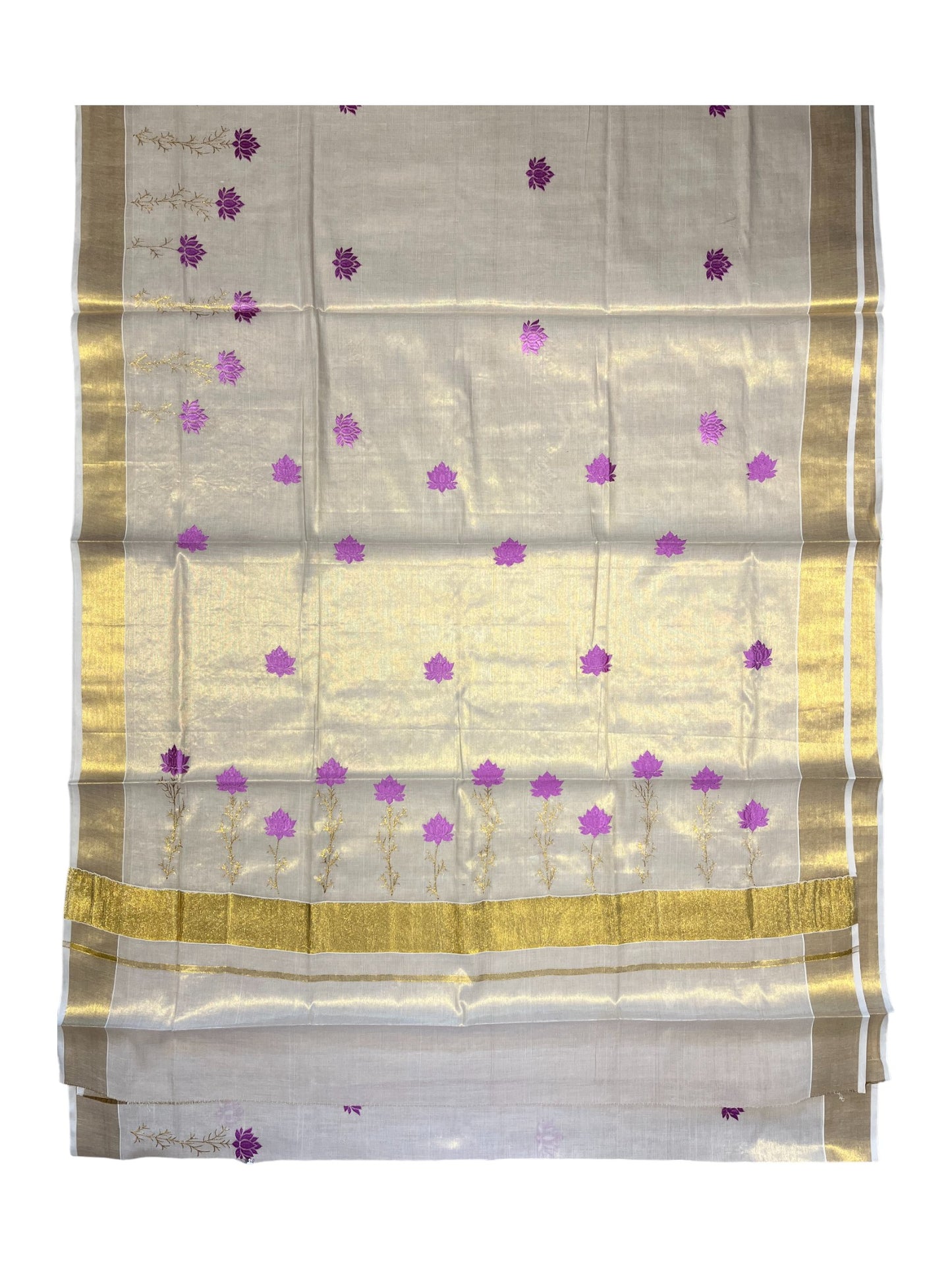Southloom Kerala Tissue Kasavu Saree with Pink Floral Print on Body and Border