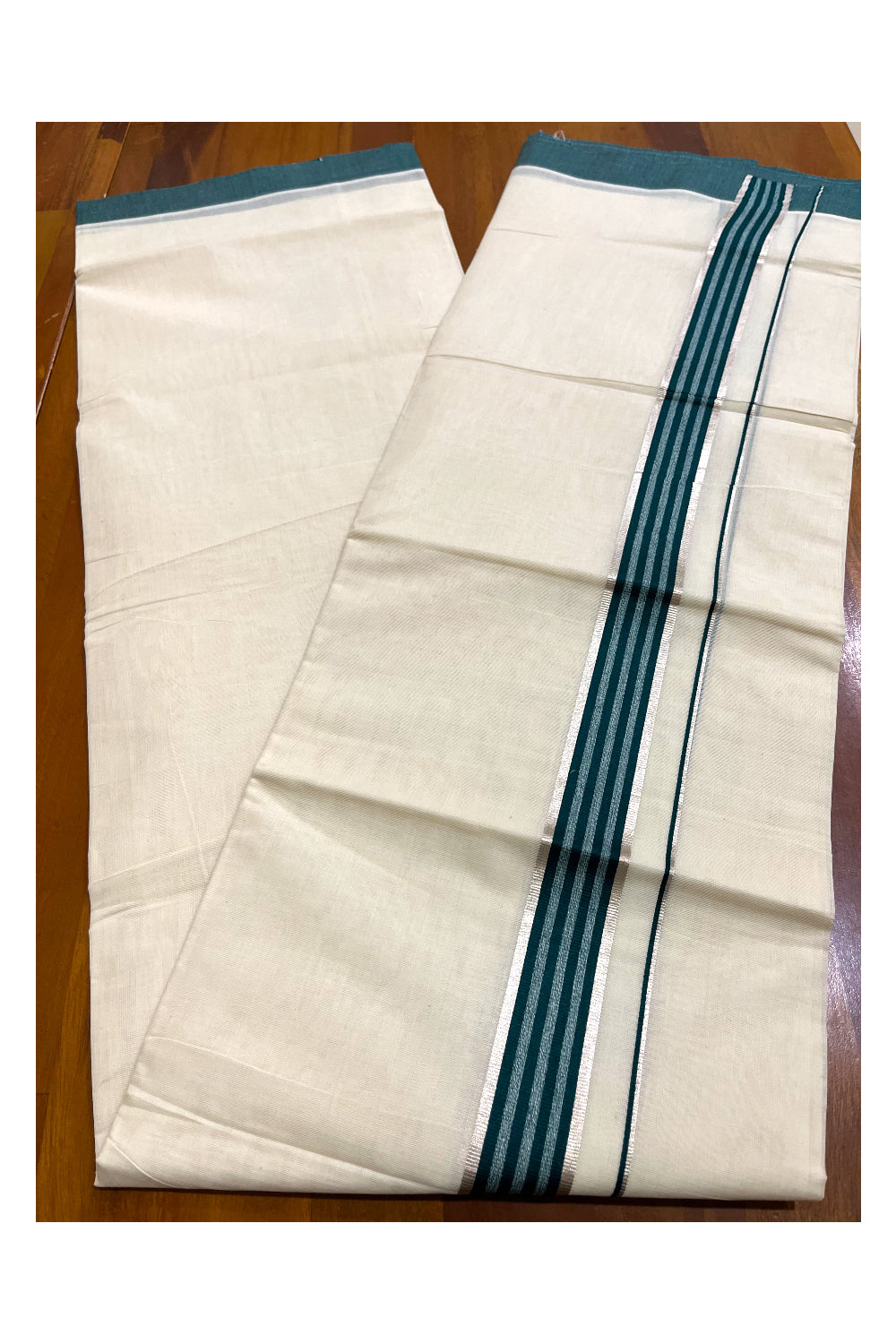 Kerala Pure Cotton Double Mundu with Silver Kasavu and Dark Green Border (South Indian Kerala Dhoti)