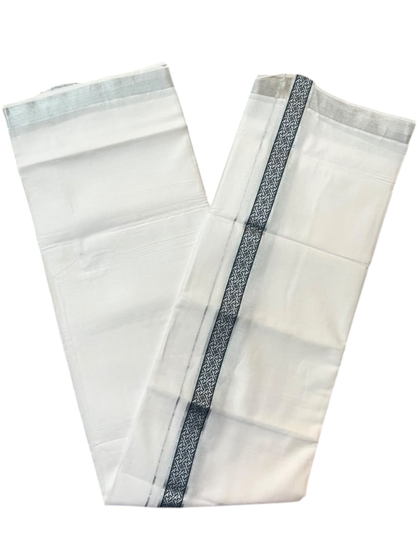Southloom Pure White Cotton Mundu with Green and Silver Kasavu Border (South Indian Kerala Dhoti)
