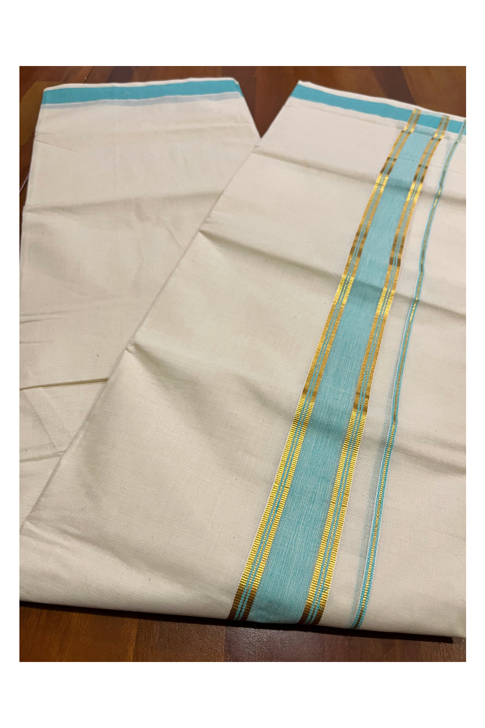 Kerala Pure Cotton Double Mundu with Turquoise and Kasavu Border (South Indian Kerala Dhoti)