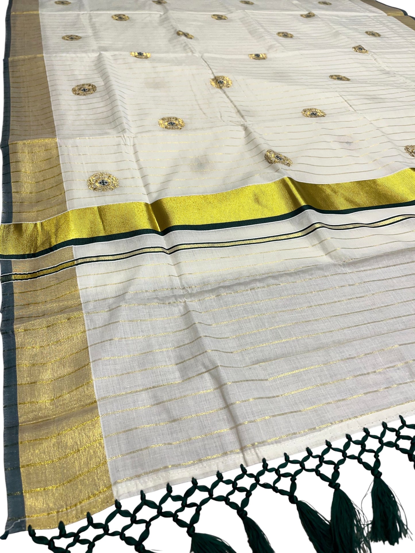 Kerala Cotton Kasavu Stripes Saree with Green Floral Embroidery Design on Body