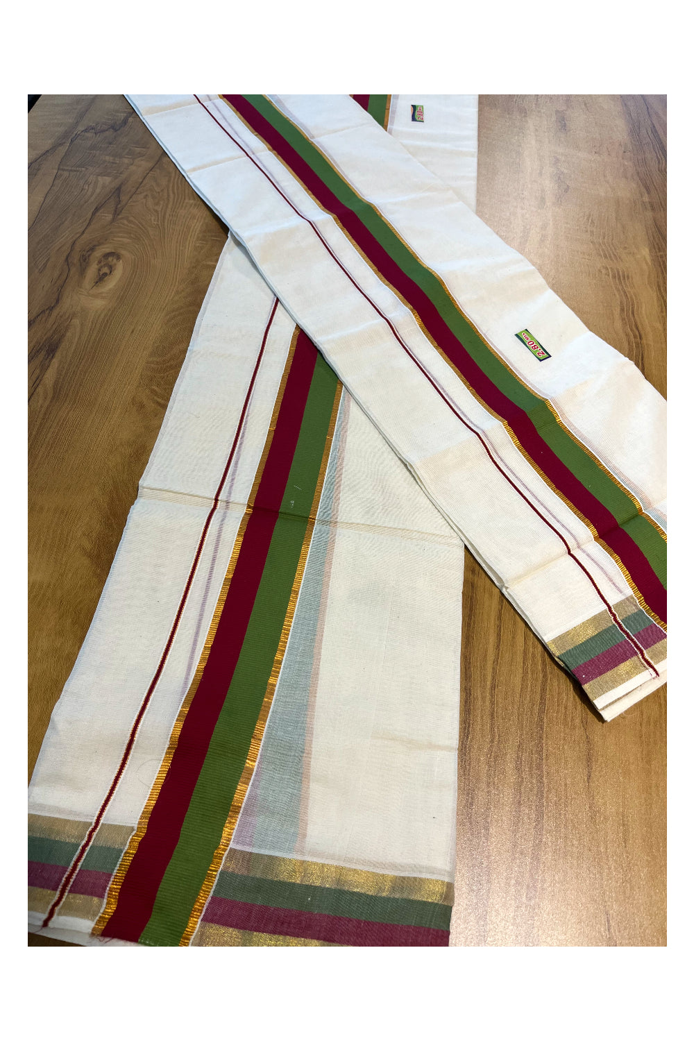 Kerala Cotton Kasavu Set Mundu (Mundum Neriyathum) with Maroon and Olive Green Border 2.80 Mtrs