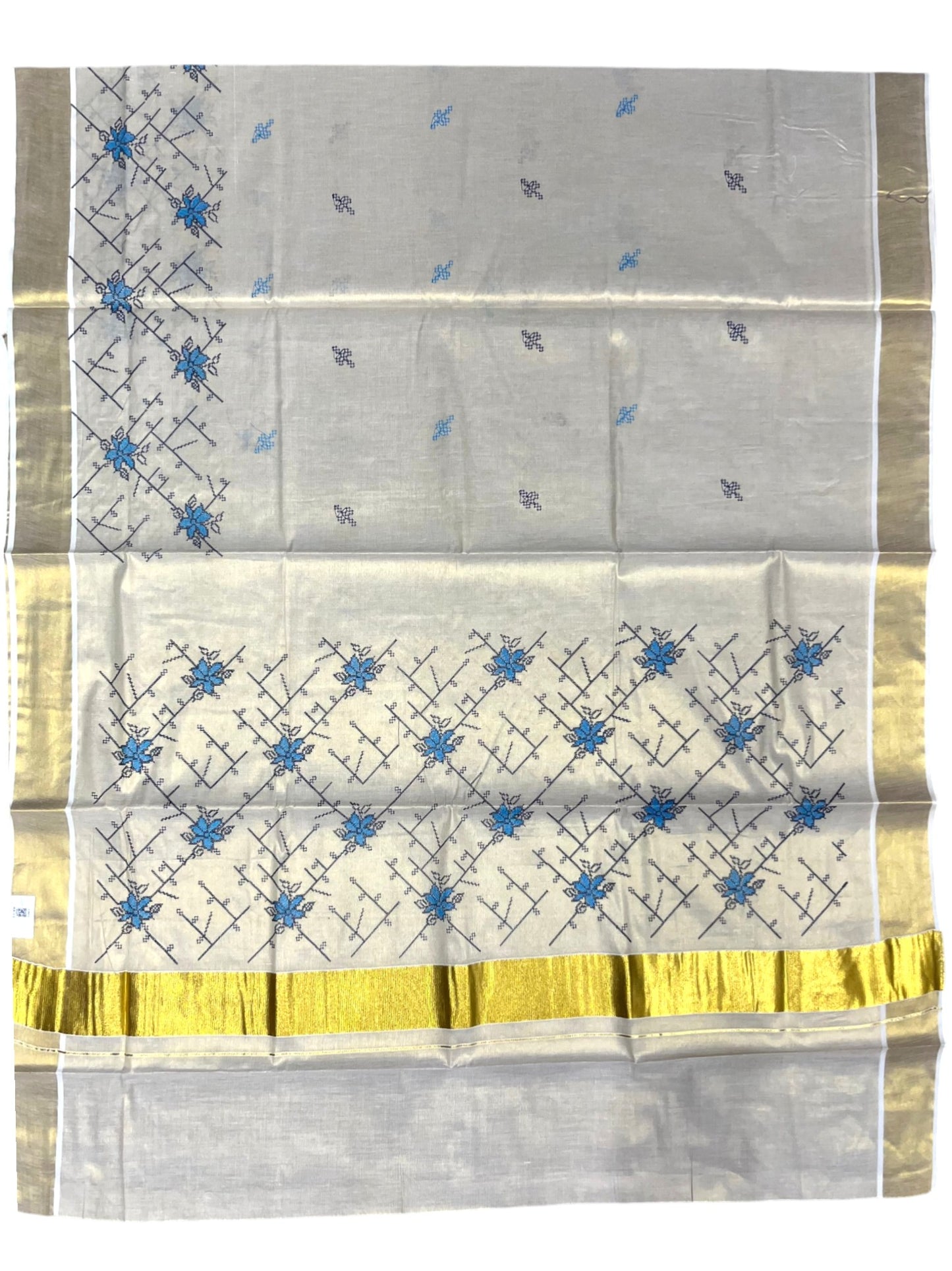 Southloom Tissue Kerala Kasavu Saree with Floral Embroidery Work on Body in Blue