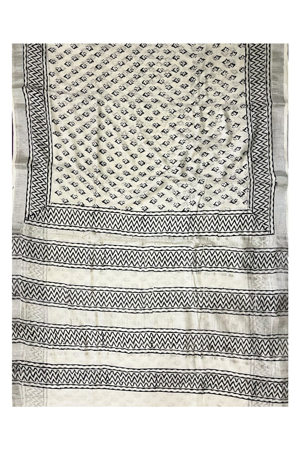 Southloom Linen Pure White Designer Saree with Black Prints and Tassels