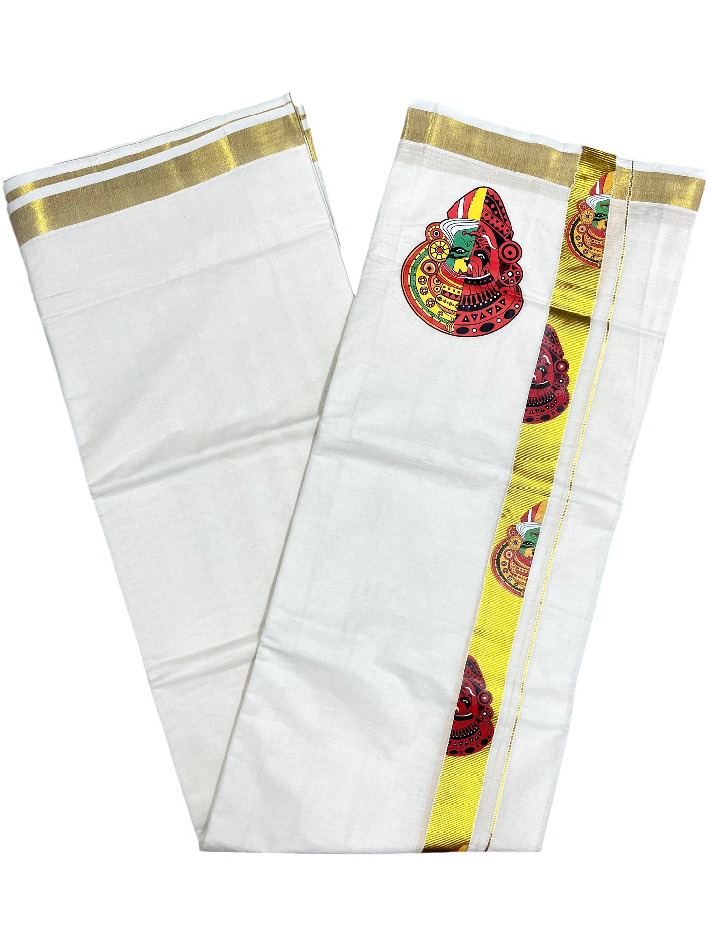 Southloom Kerala Pure Cotton Double Mundu with Kadhakali print and kasavu Border (South Indian Dhoti)