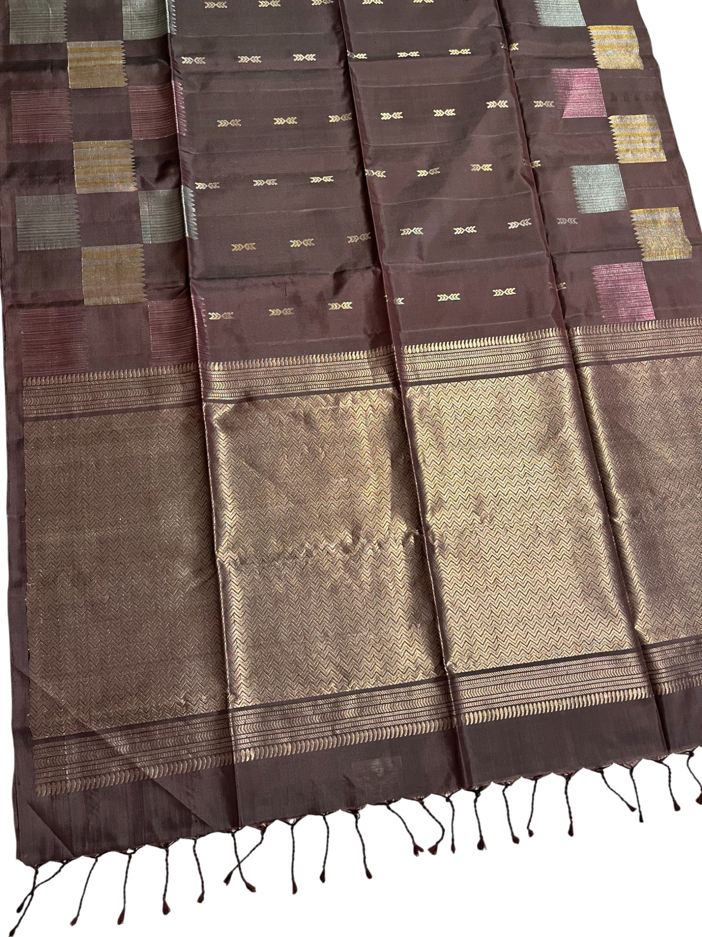 Southloom Pure Handloom Bridal Kanchipuram Silk Saree with Korvai Work (Brown)
