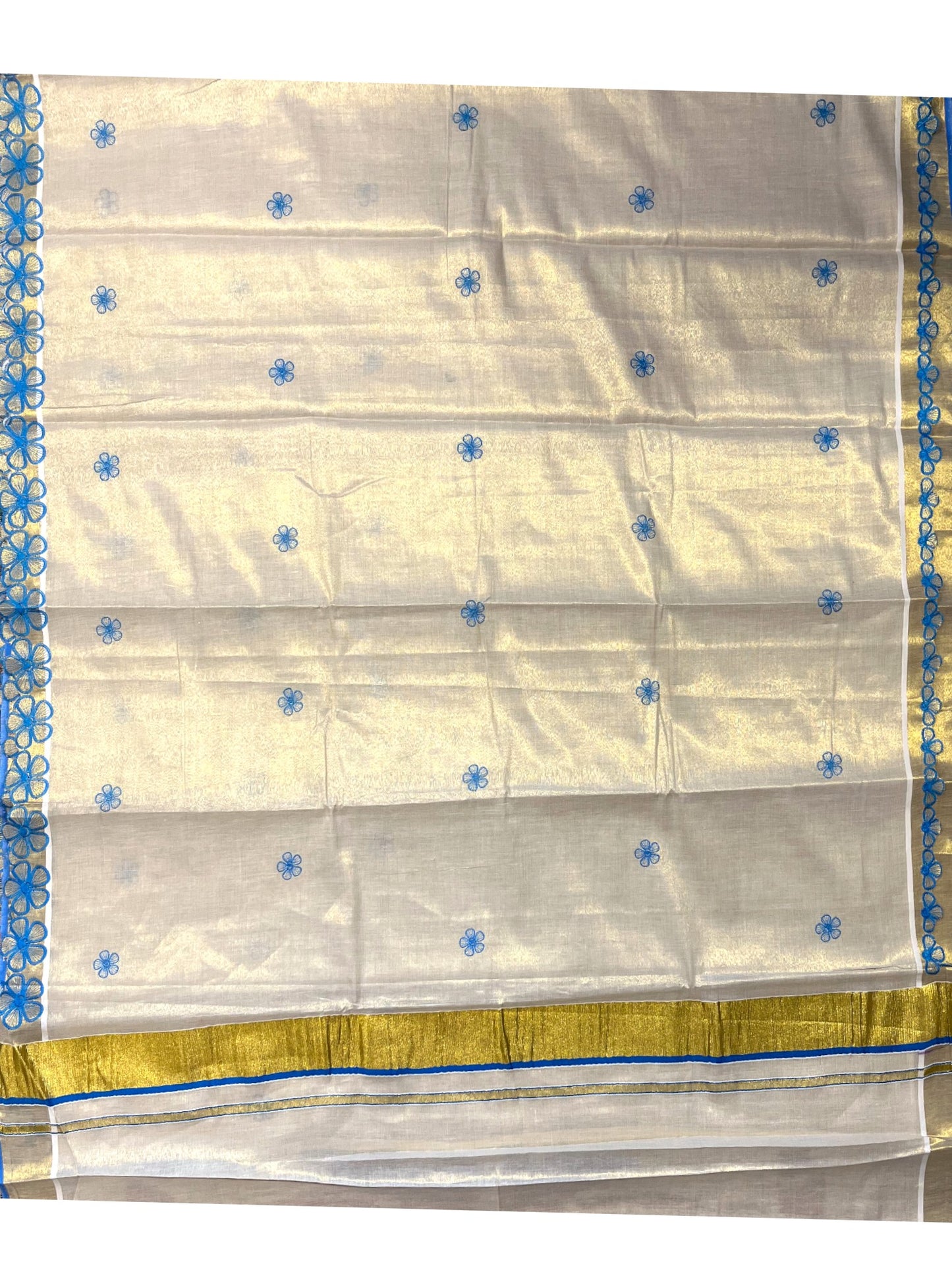 Southloom Kerala Tissue Kasavu Saree with Blue Floral Embroidery on Body and  Border