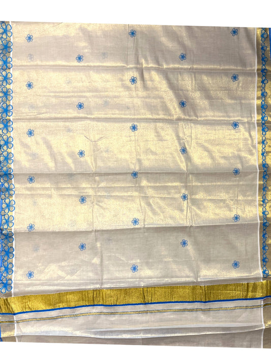 Southloom Kerala Tissue Kasavu Saree with Blue Floral Embroidery on Body and Border