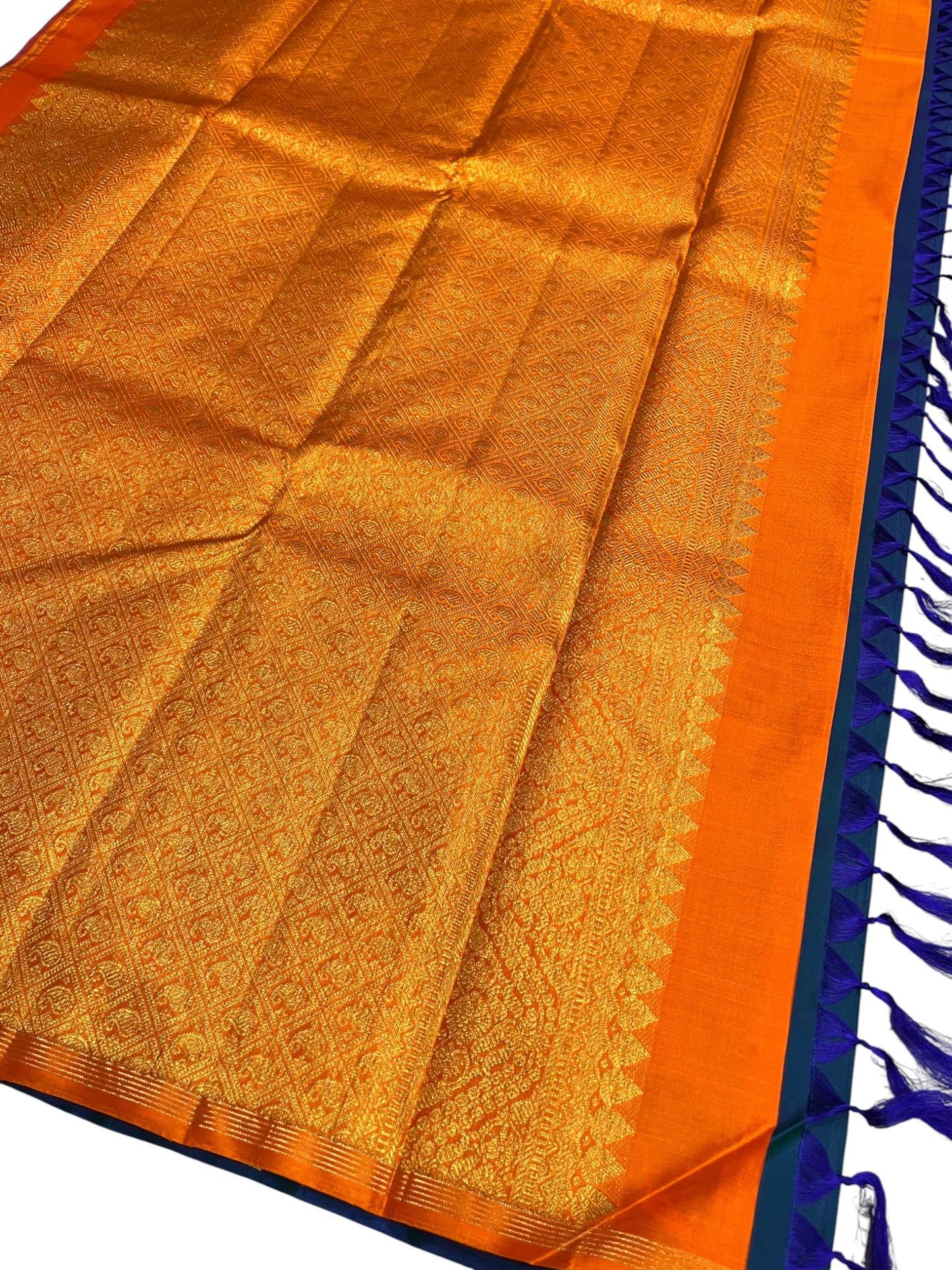 Southloom Pure Handloom Bridal Kanchipuram Silk Saree with Korvai Work (Blue & Orange)