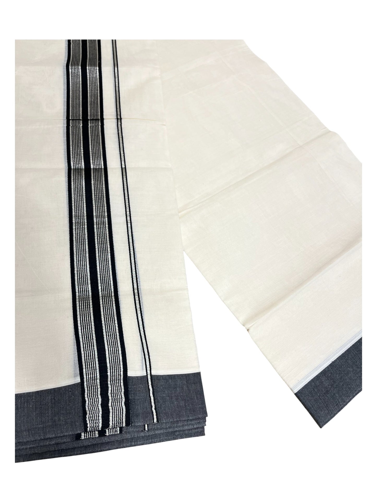 Southloom Pure Cotton  Double Mundu With Silver Line Kasavu & Black Border (South Indian Kerala Dhoti)