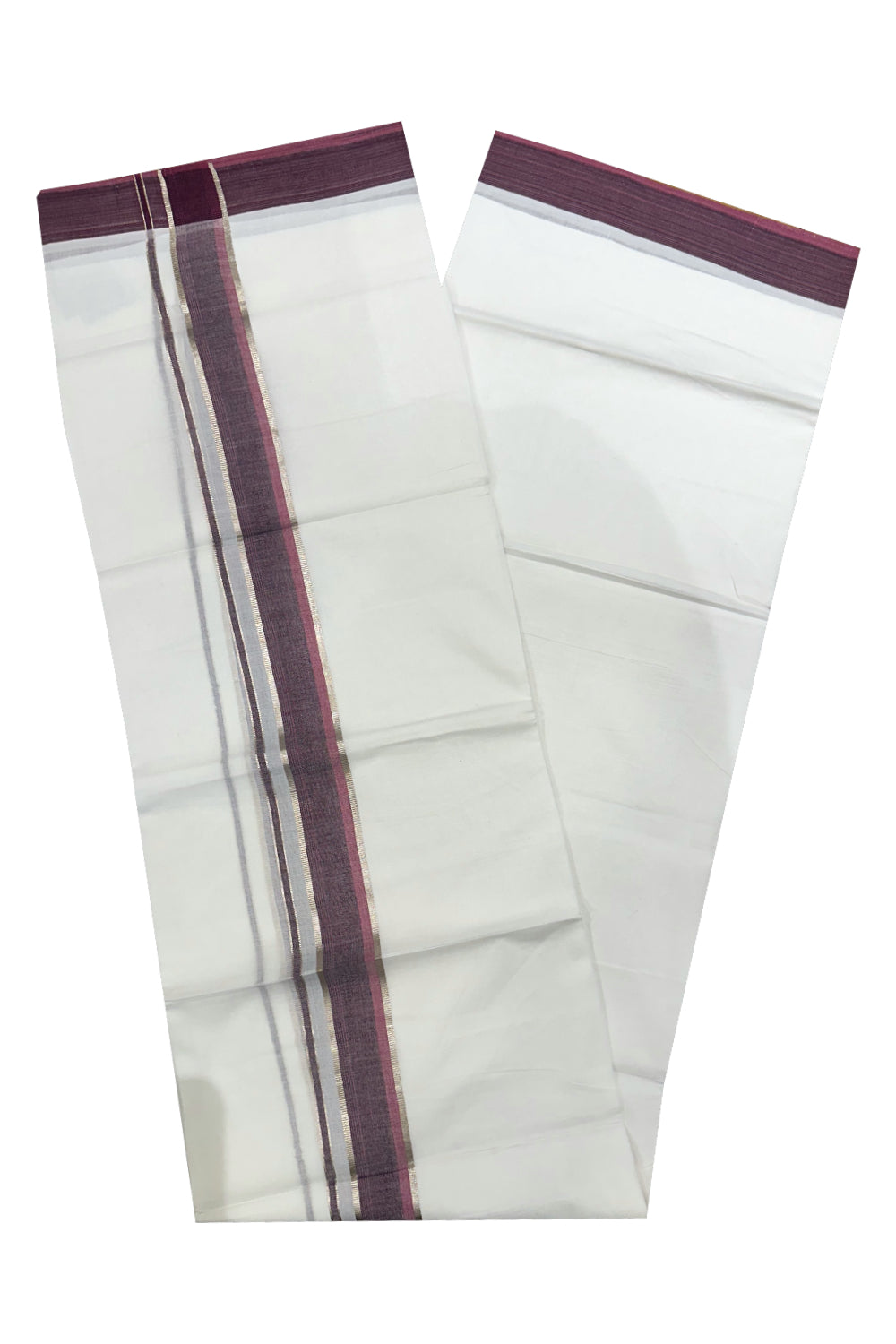 Pure White Cotton Double Mundu with Black Maroon and Silver Kasavu Border (South Indian Kerala Dhoti)