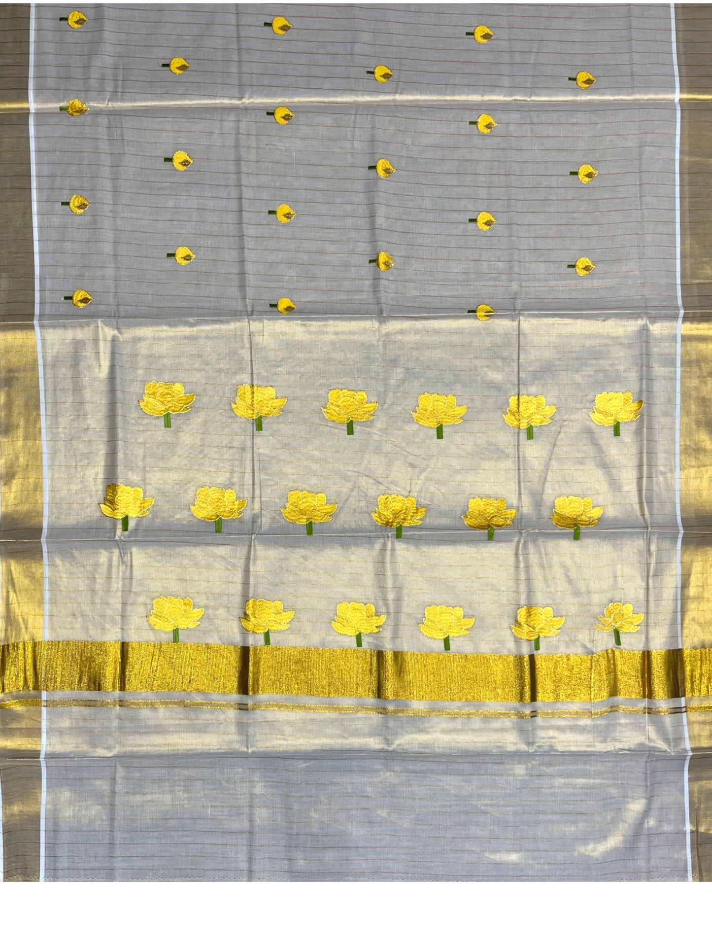 Southloom Kerala Tissue Kasavu Saree with Yellow Lotus Embroidery Design SL289