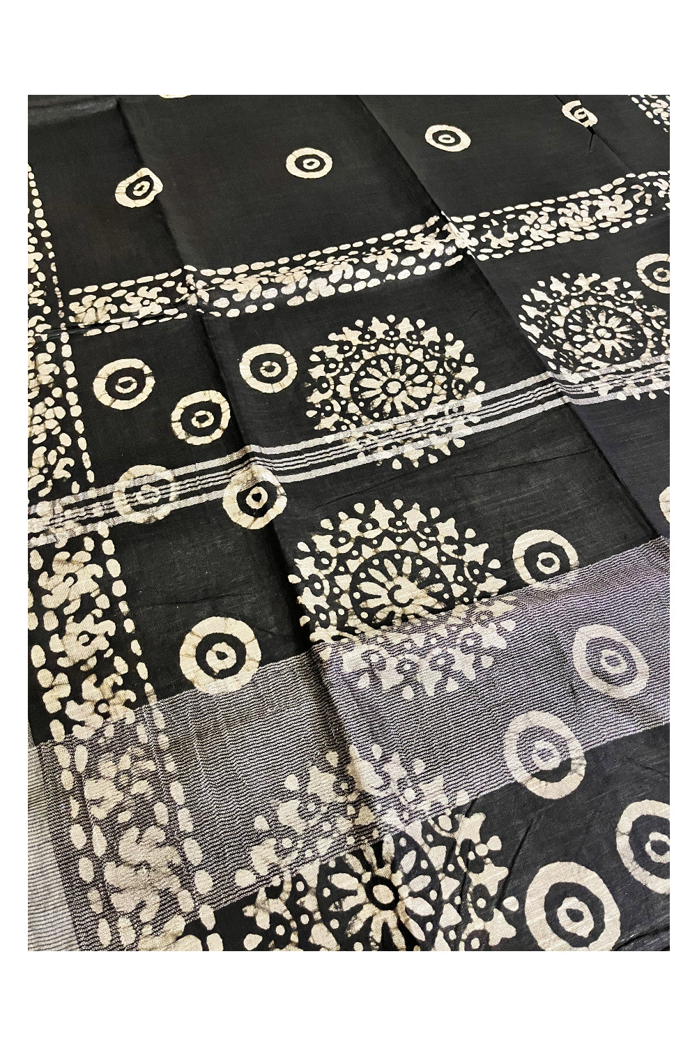 Southloom Cotton Black Saree with Baswara Prints and Silver Zari Border