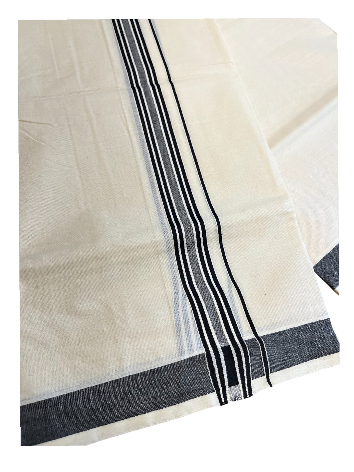 Southloom Pure Cotton  Double Mundu With White Lines & Black Border (South Indian Kerala Dhoti)
