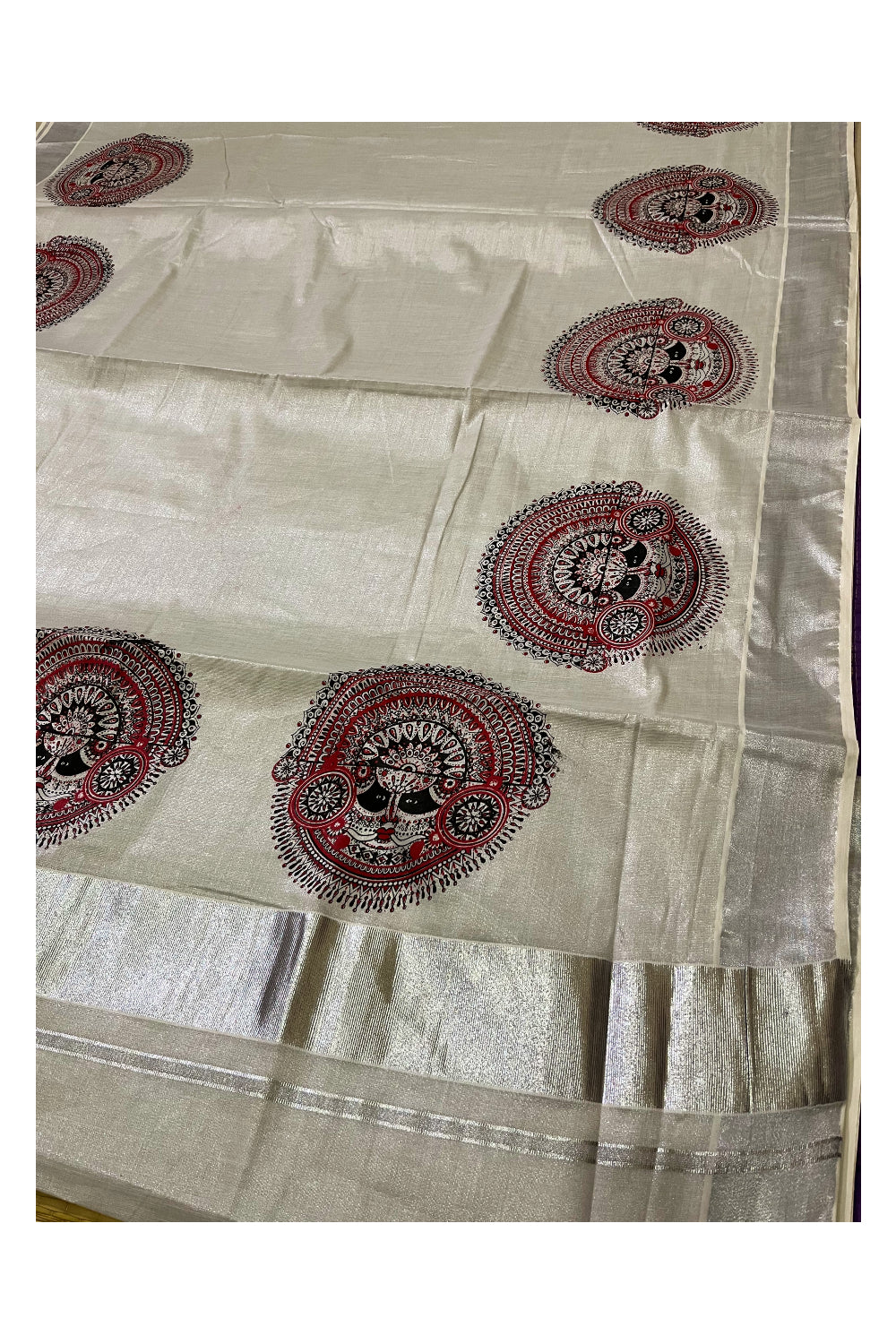 Kerala Silver Tissue Kasavu Saree with Theyyam Mural Prints