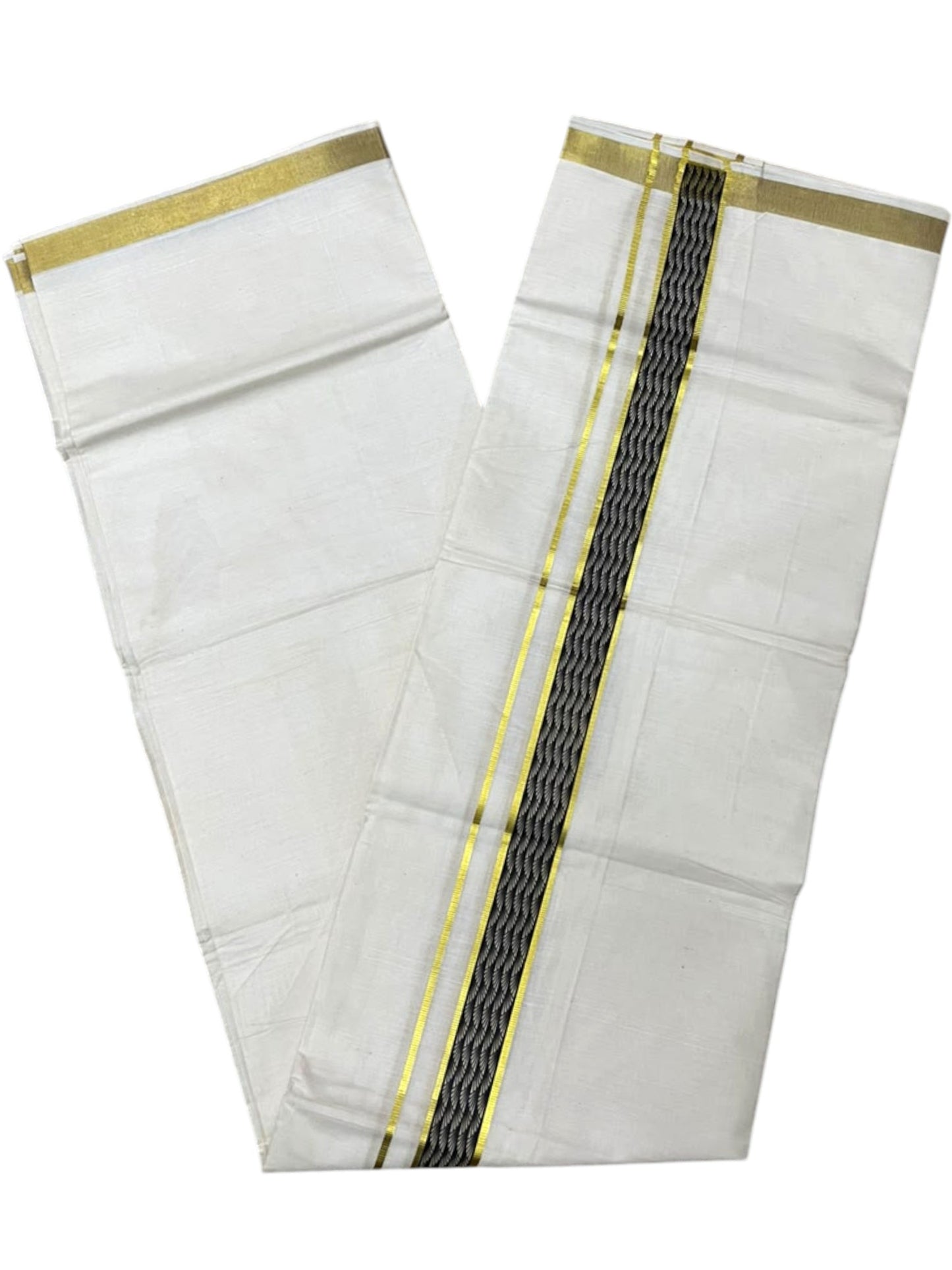 Southloom Pure Cotton Double Mundu with Black Block Printed And Ksavu Border (South Indian Kerala Dhoti)