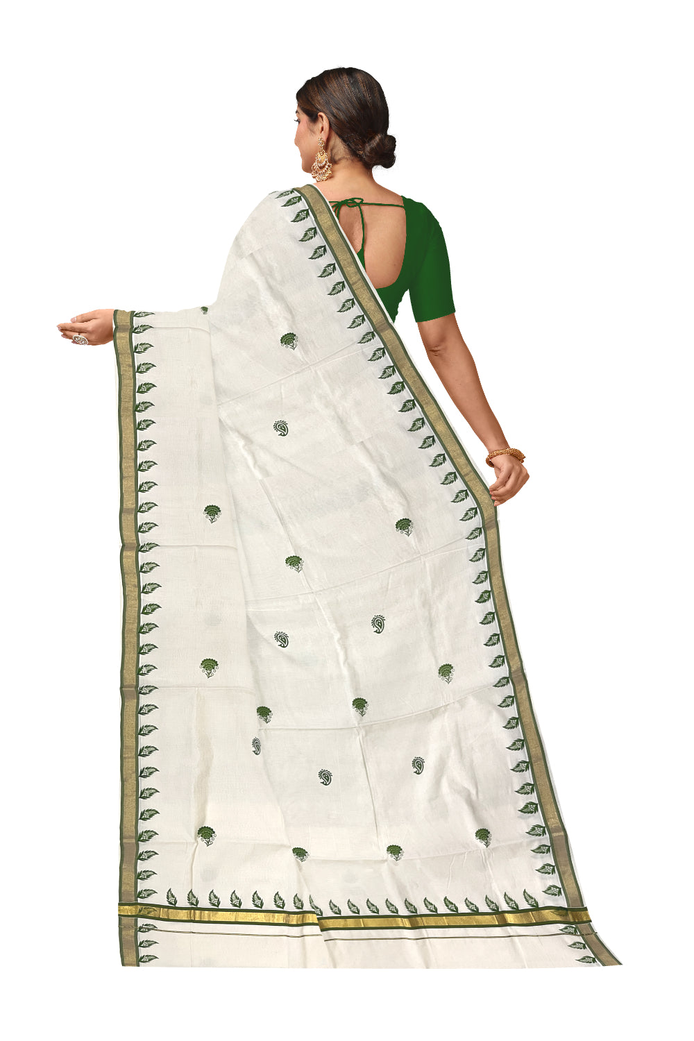 Pure Cotton Kerala Kasavu Saree with Green Floral Block Printed Design