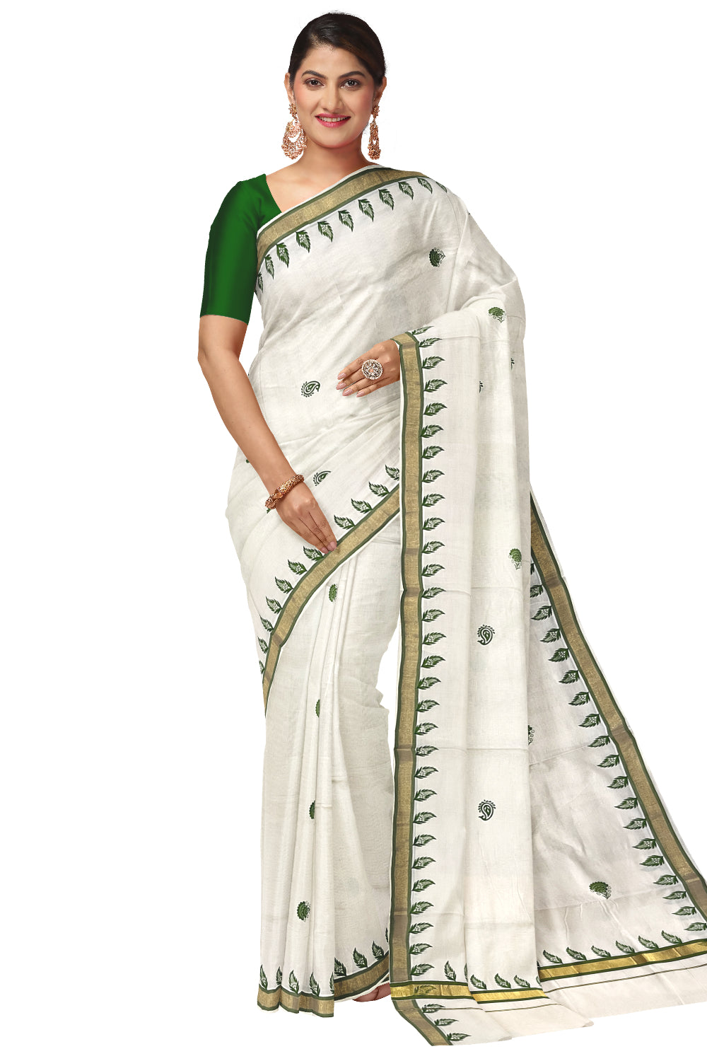 Pure Cotton Kerala Kasavu Saree with Green Floral Block Printed Design