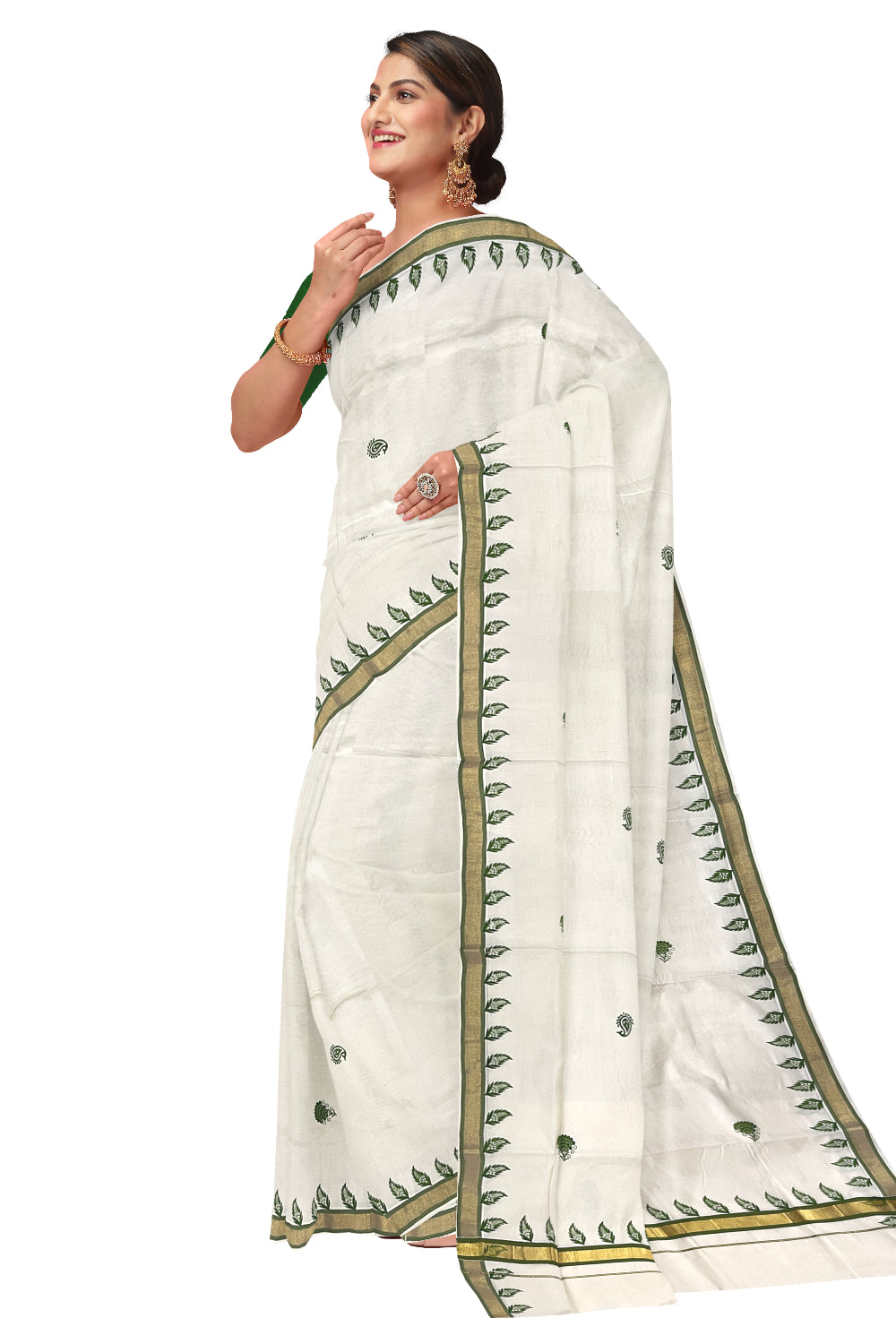 Pure Cotton Kerala Kasavu Saree with Green Floral Block Printed Design