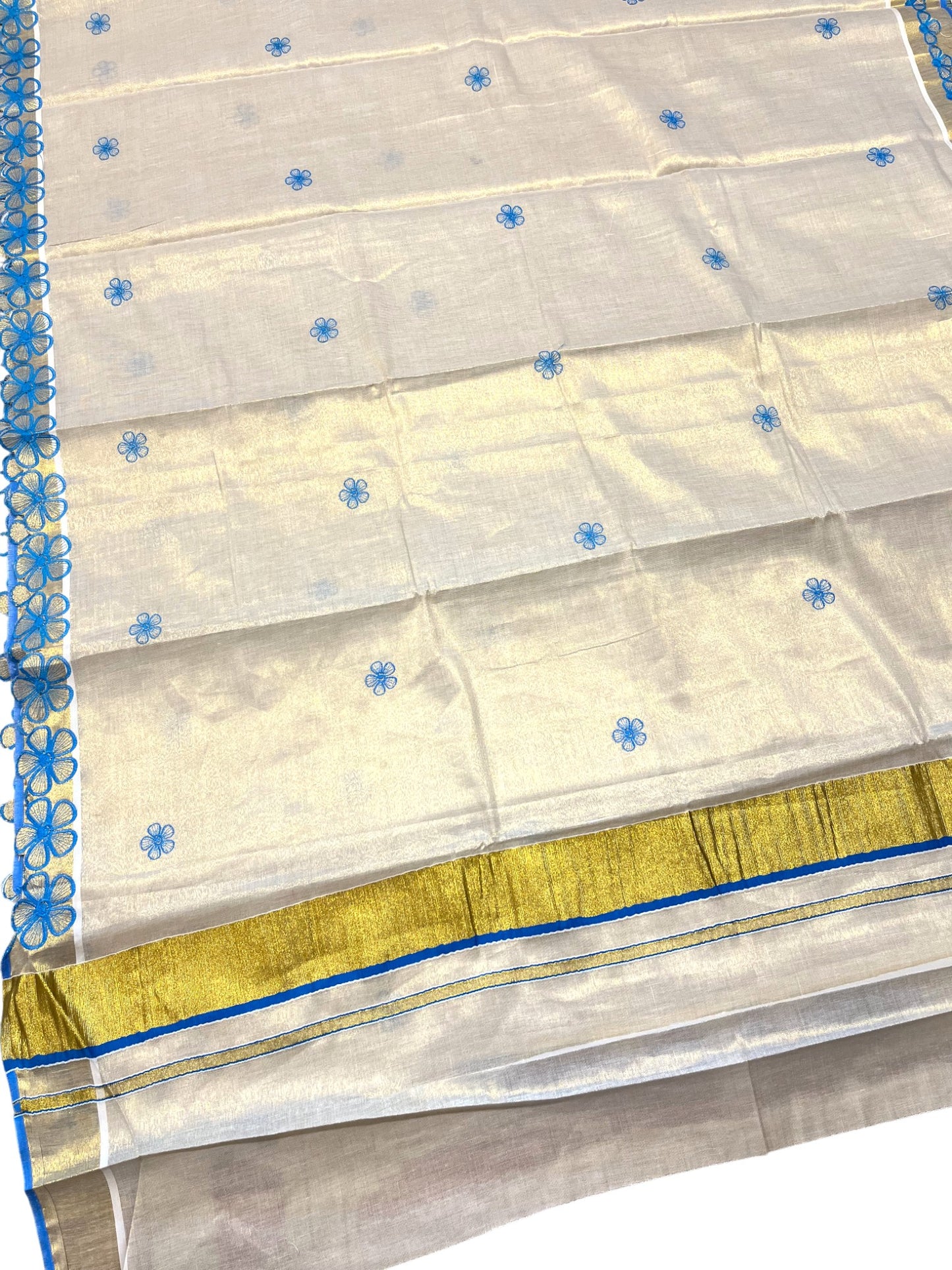 Southloom Kerala Tissue Kasavu Saree with Blue Floral Embroidery on Body and  Border