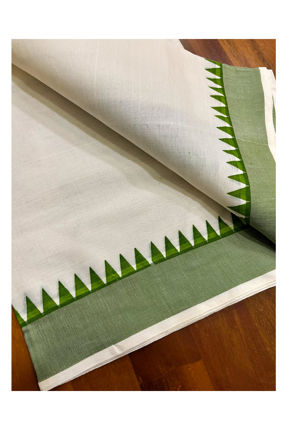 Kerala Pure Cotton Set Mundu Single (Mundum Neriyathum) with Light Green Temple Border - 2.80Mtrs