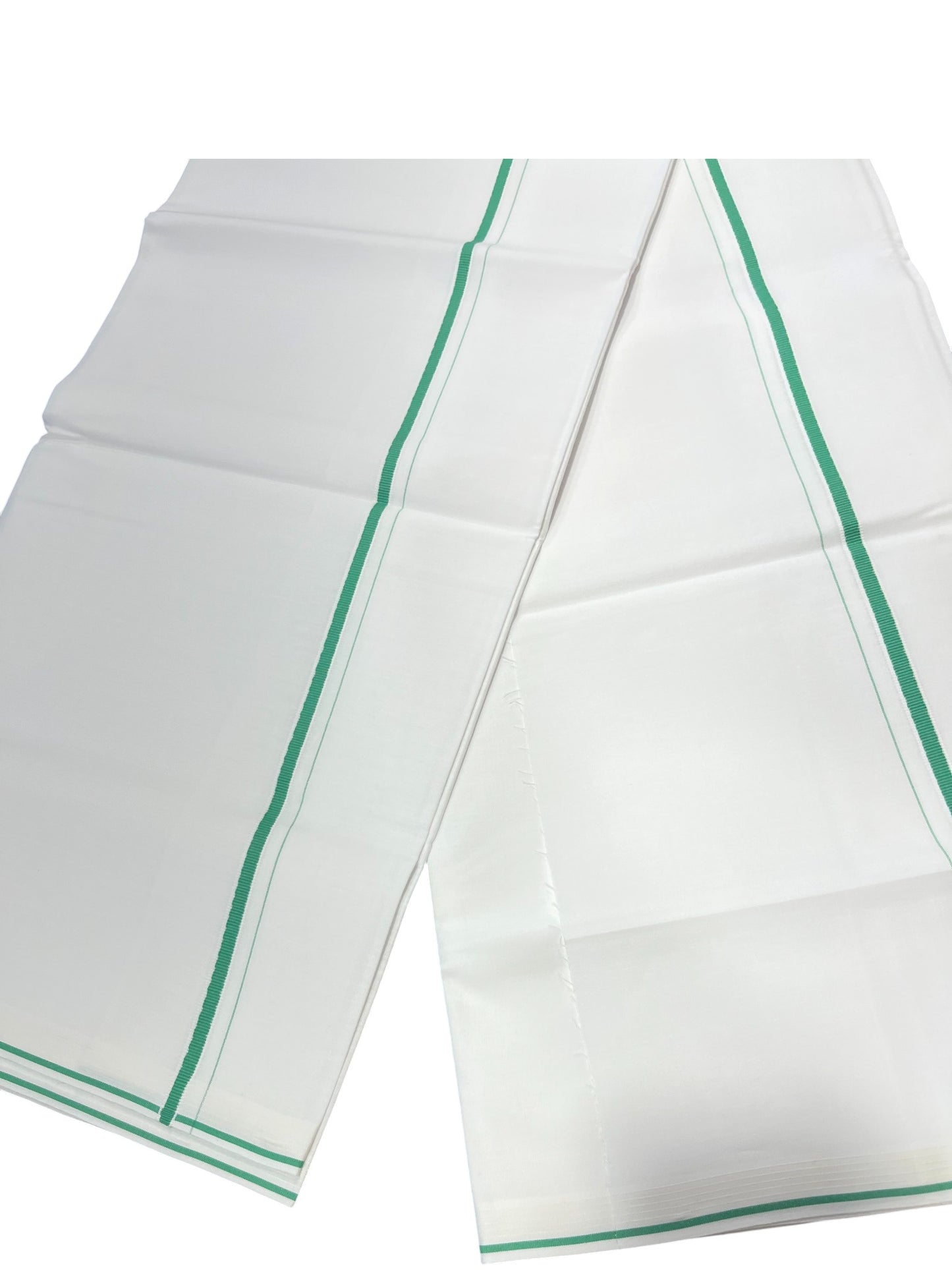 Pure White Cotton Single Mundu with  Green PuliyilaKara (South Indian Dhoti)