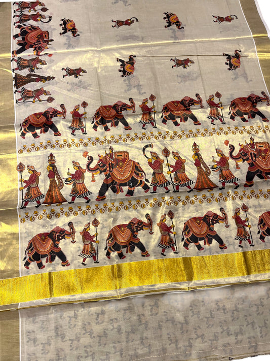 Southloom Kerala Tissue Kasavu Saree With Mural Festival Parasol and Elephant Design