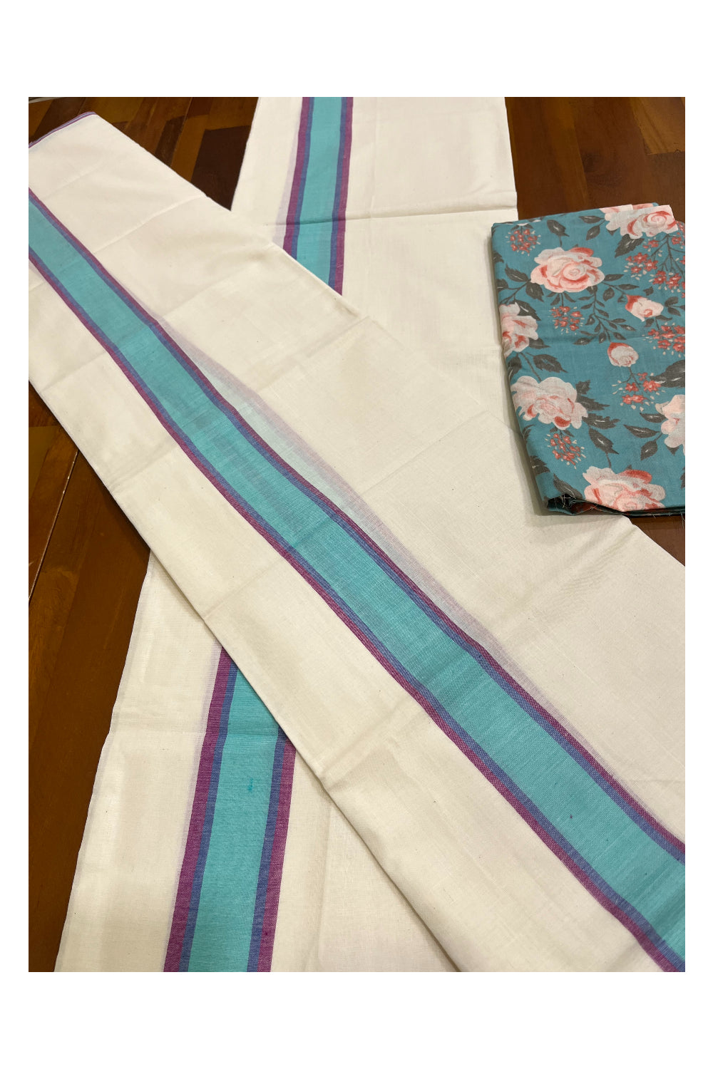 Southloom Mulloth Soft Cotton Turquoise Magenta Border Set Mundu with Jaipur Printed Blouse Piece (2.60 M Neriyathu / Blouse 1 Meter)