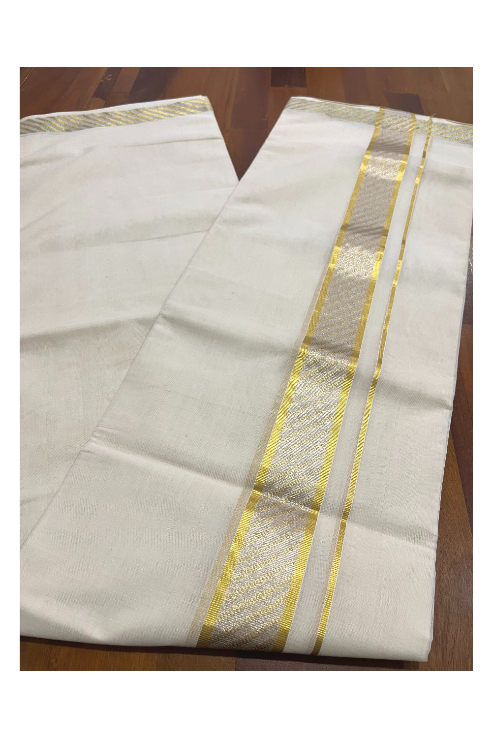 Southloom Premium Balaramapuram Wedding Handloom Mundu with Golden and Silver Kasavu Woven Design Border (South Indian Kerala Dhoti)