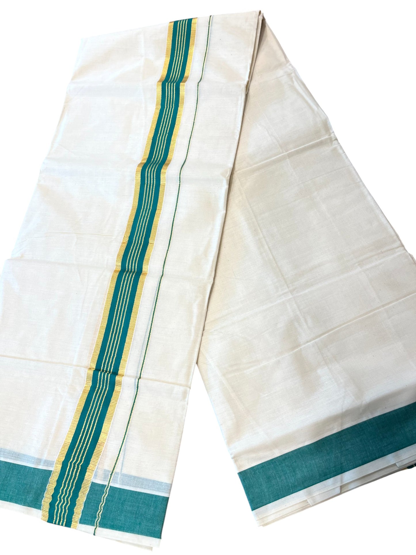 Southloom Kerala Pure Cotton Double Mundu with Gold Lines & Green Border (South Indian Dhoti)