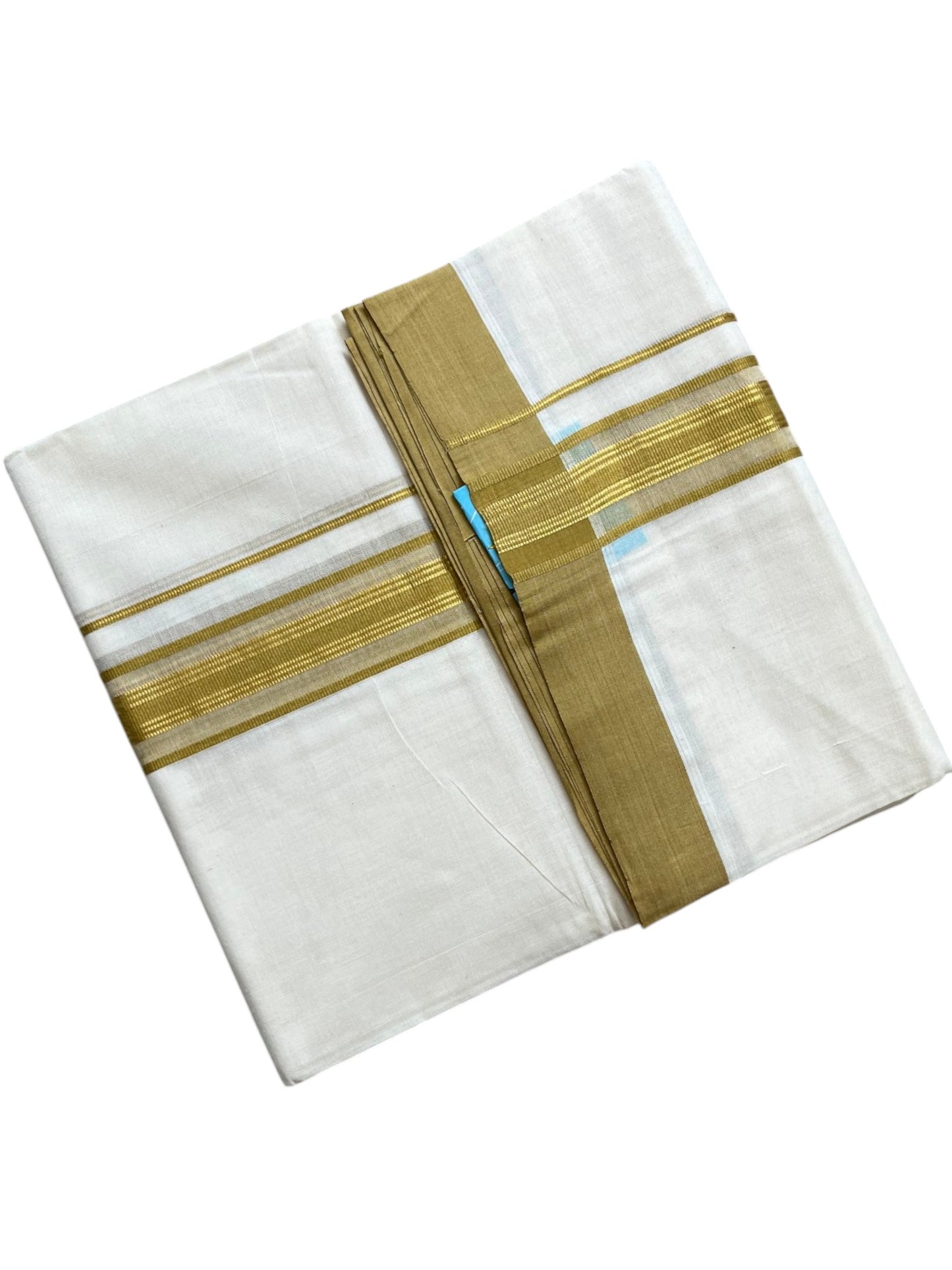 Southloom Pure Cotton Mundu with Golden Lines and Olive Green Border (South Indian Kerala Dhoti)