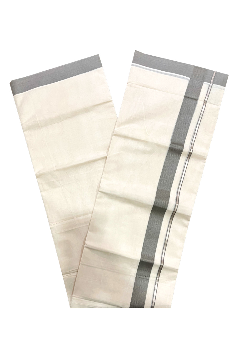 Pure Cotton Double Mundu with Silver Kasavu and Grey Border (South Indian Kerala Dhoti)