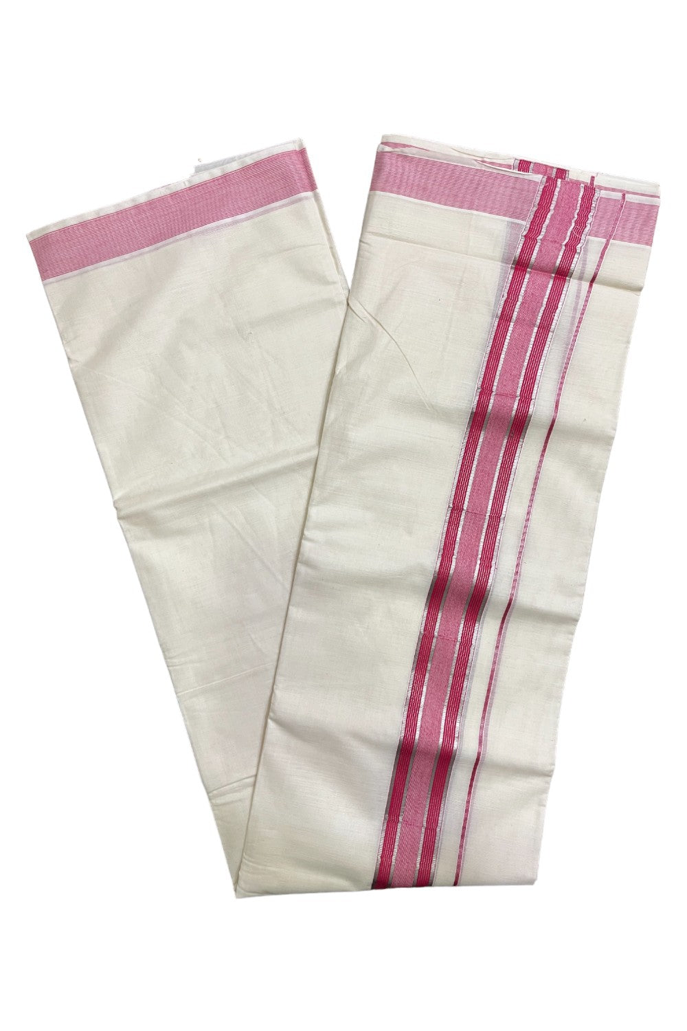 Off White Pure Cotton Double Mundu with Silver Kasavu Lines and Dark Pink Border (South Indian Dhoti)