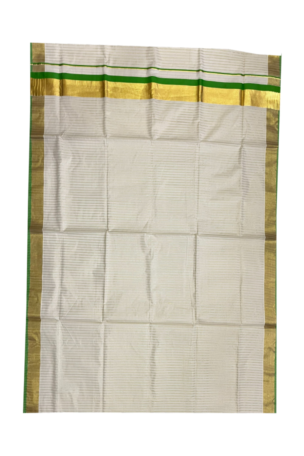 Pure Cotton Kerala Kasavu Lines Design Saree with Light Green Border and Tassels Work (Onam Saree 2023)