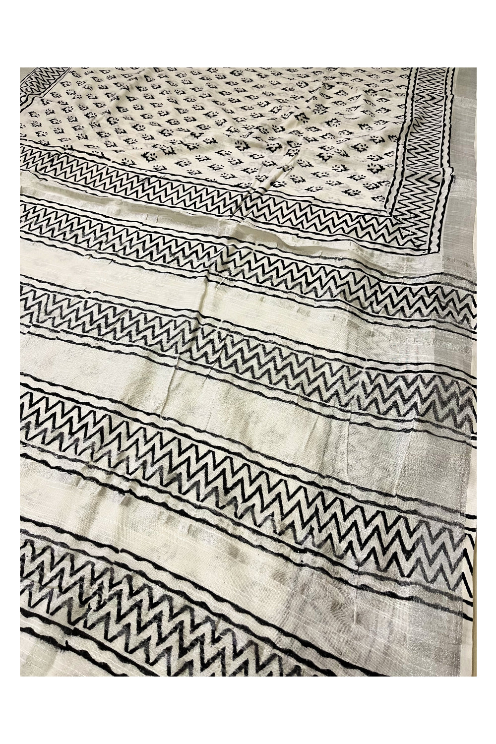 Southloom Linen Pure White Designer Saree with Black Prints and Tassels